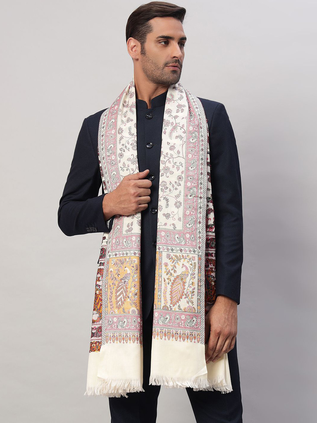 

HANDICRAFT PALACE Floral Woven Design Woollen Shawl, White