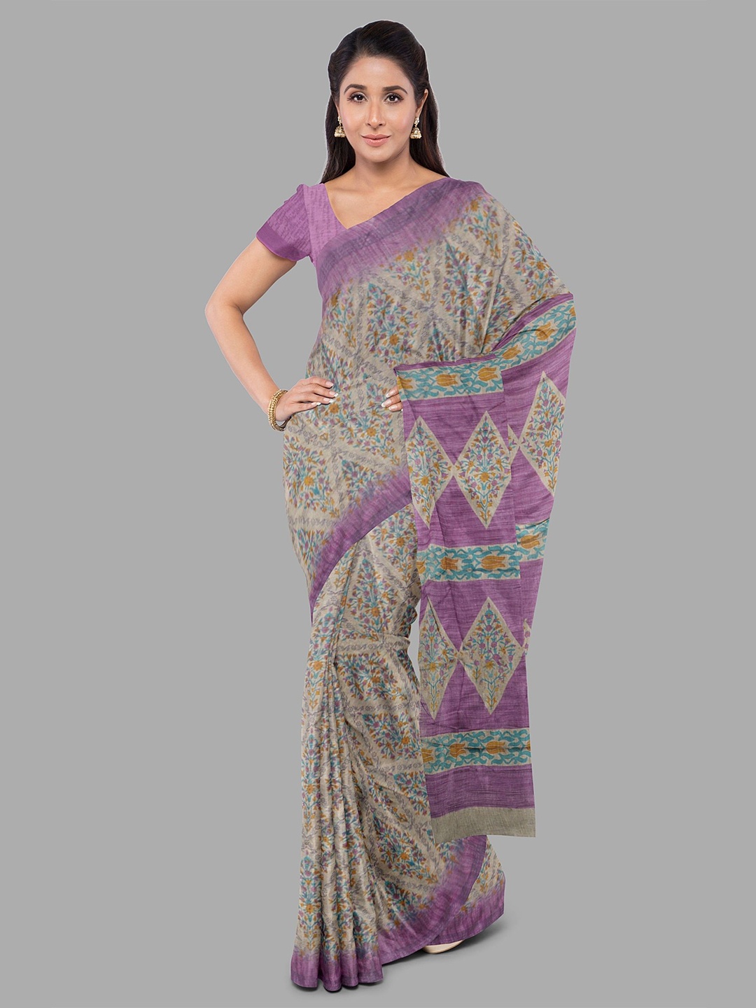 

The Chennai Silks Floral Printed Pure Cotton Gadwal Saree, Brown
