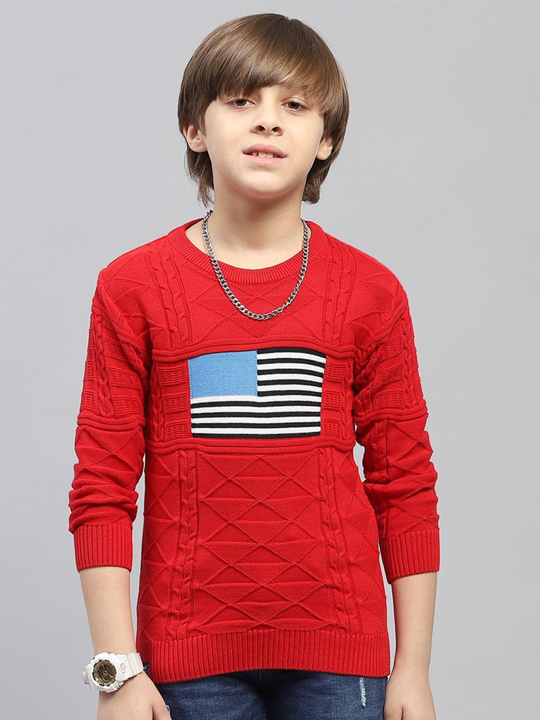 

Monte Carlo Boys Cable Knit Self Design Cotton Winter Pullover, Red