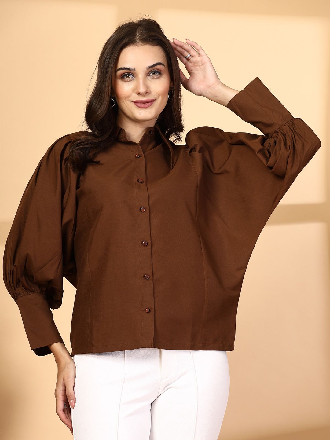 

plusS Women Spread Collar Solid Cotton Casual Shirt, Brown