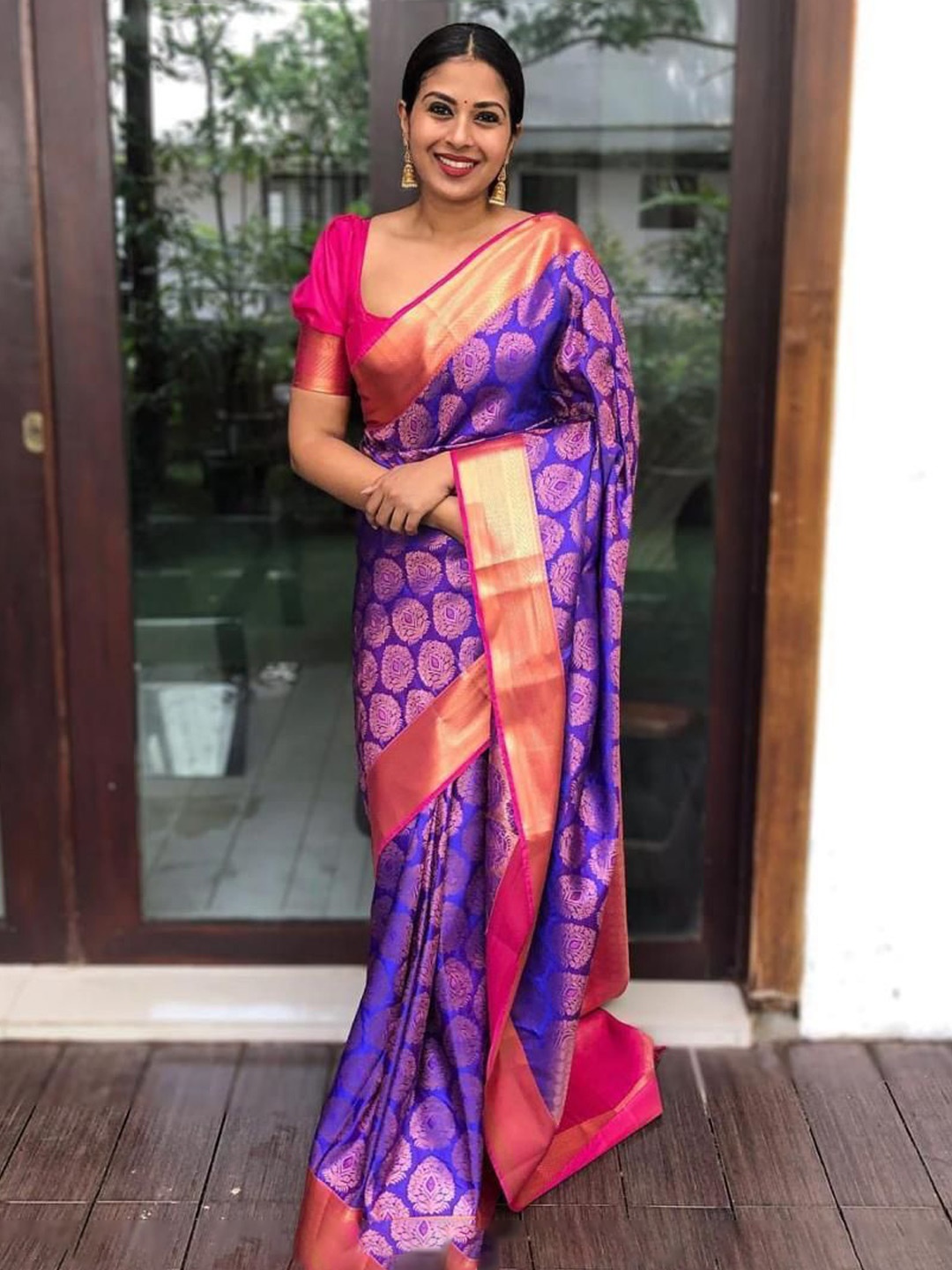

KALINI Floral Zari Pure Silk Kanjeevaram Saree, Purple