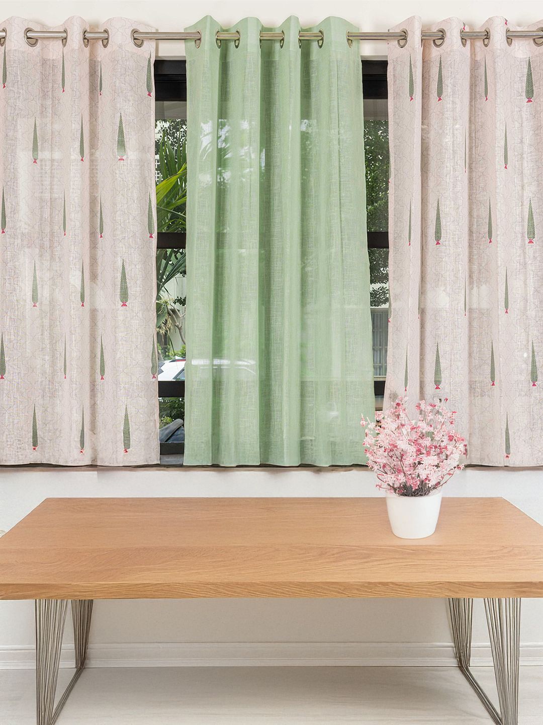 

URBAN SPACE Green & Off White 3 Pieces Floral Printed Sheer Window Curtains