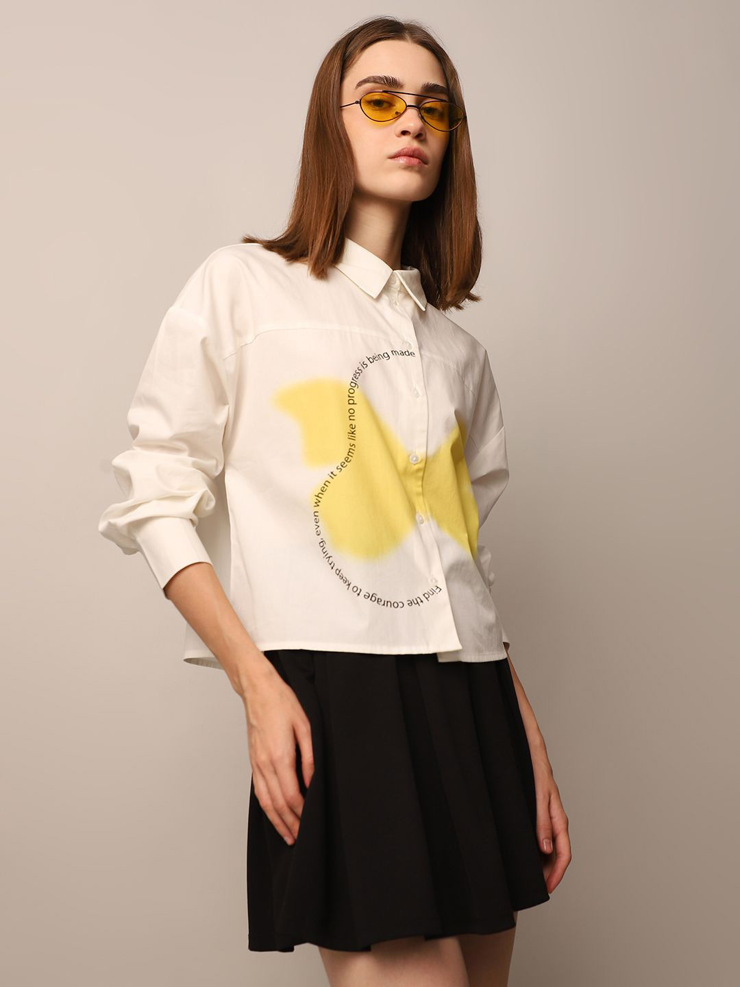 

ONLY Women Spread Collar Graphic Printed Cotton Casual Shirt, White