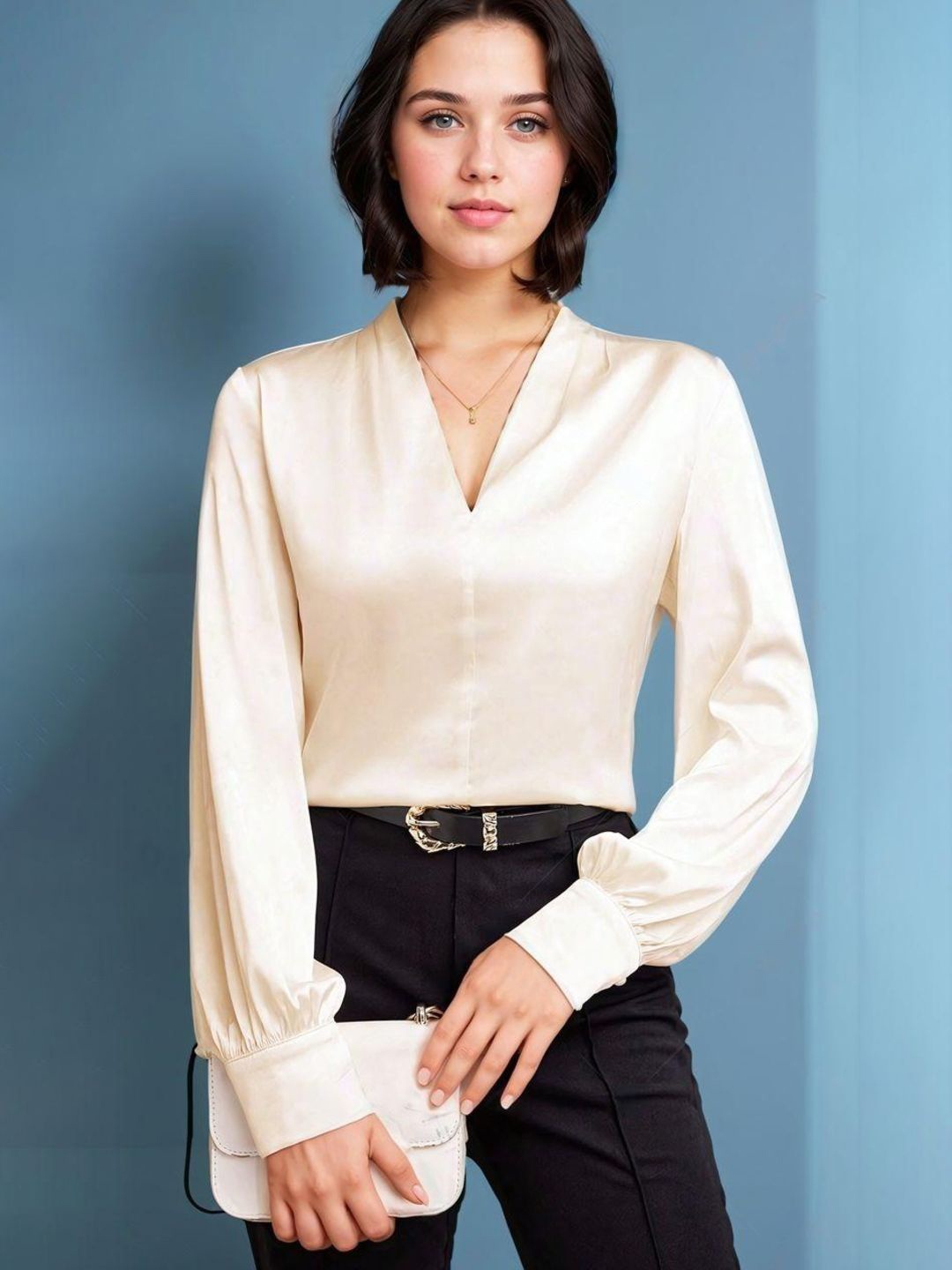 

Kotty Women V-Neck Cuffed Sleeve Satin Top, Beige