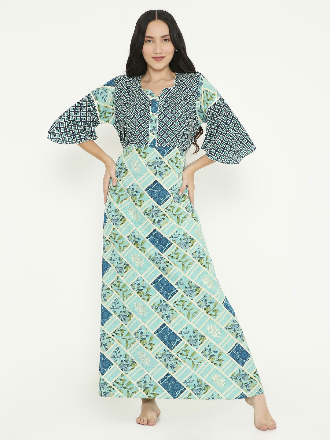 

NIGHTSPREE Women Printed Maxi Nightdress, Green