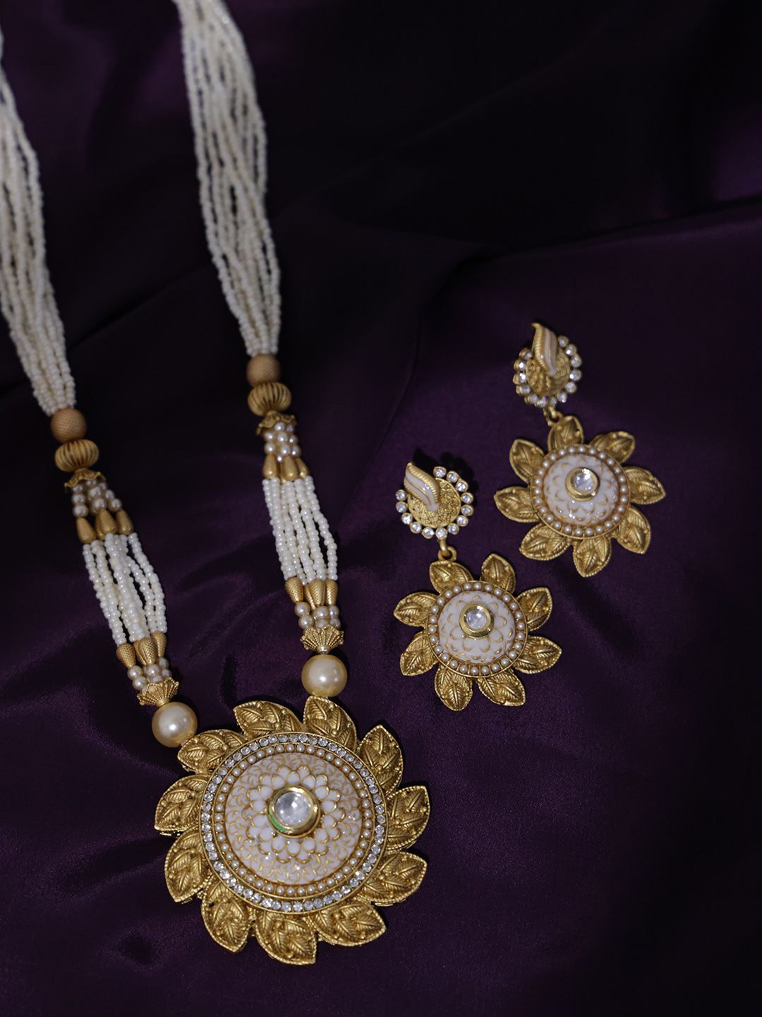 

PANASH Gold Plated CZ-Studded & Beaded Jewellery Set