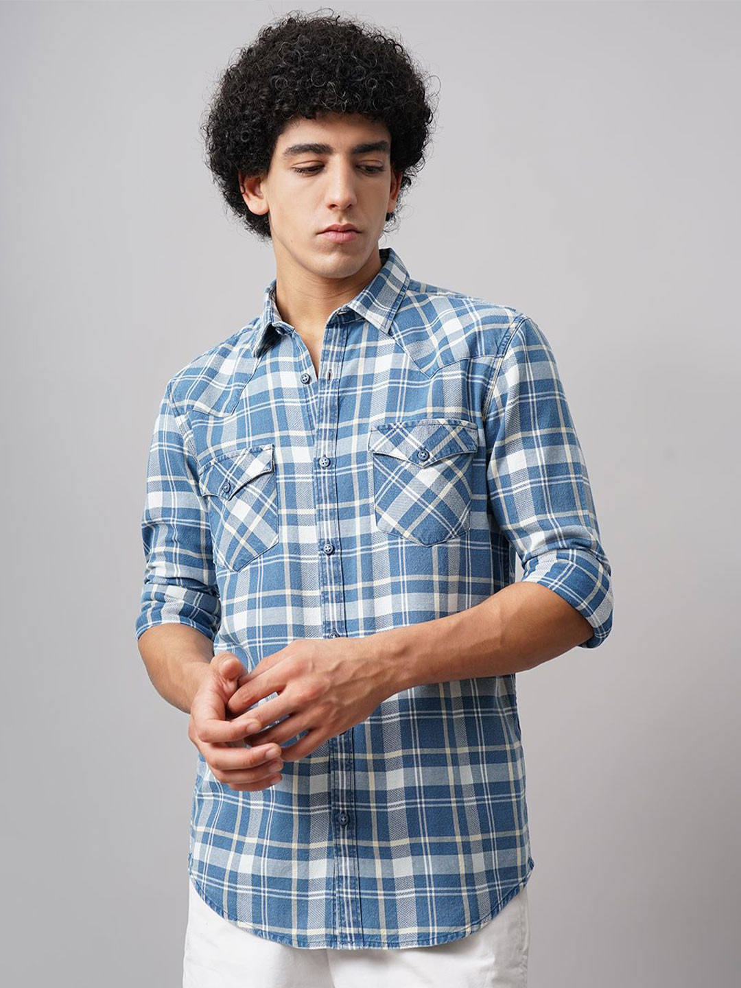 

British Club Men Classic Spread Collar Tartan Checked Cotton Casual Shirt, Blue