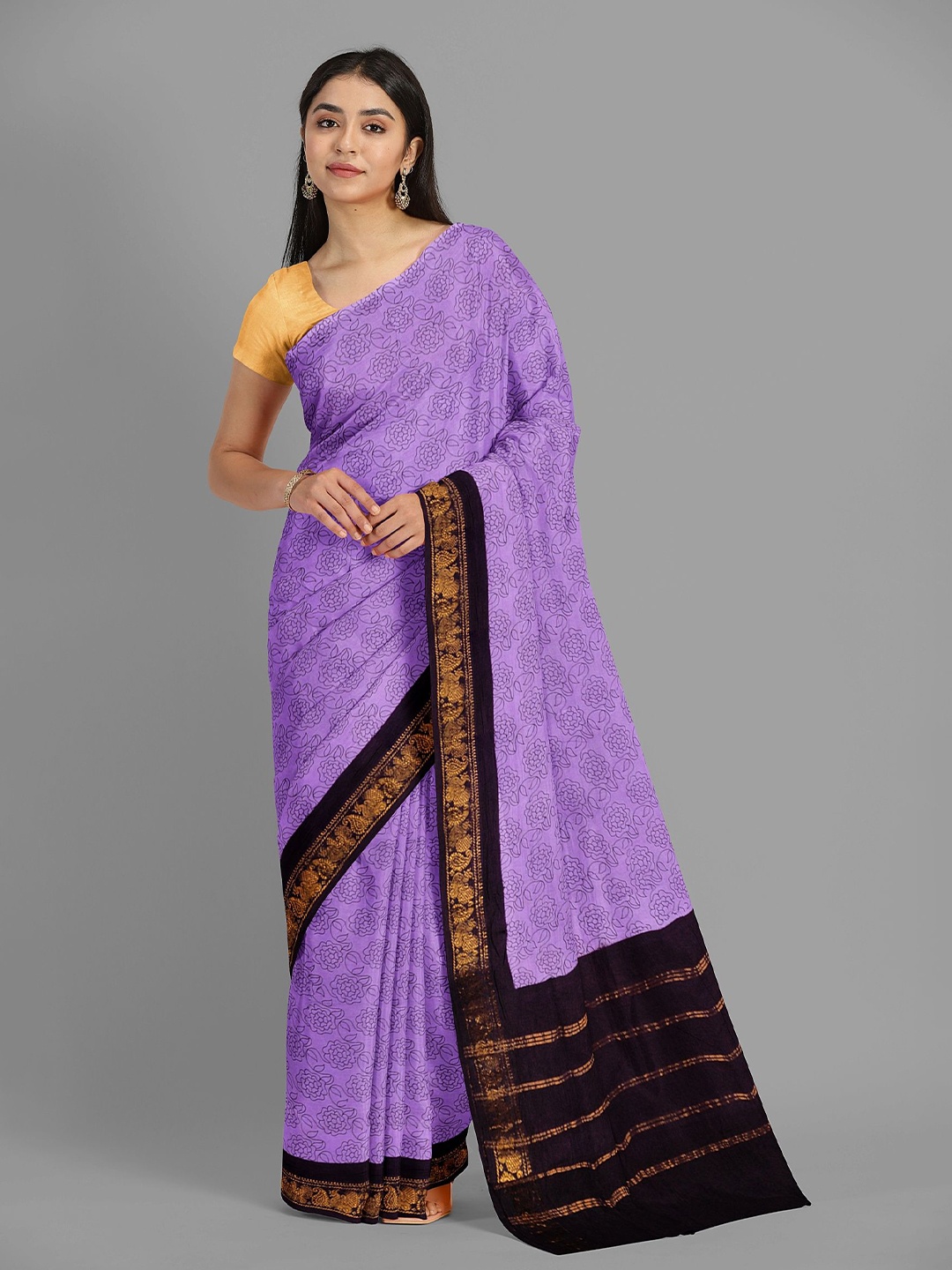 

The Chennai Silks Floral Printed Pure Cotton Sungudi Saree, Purple