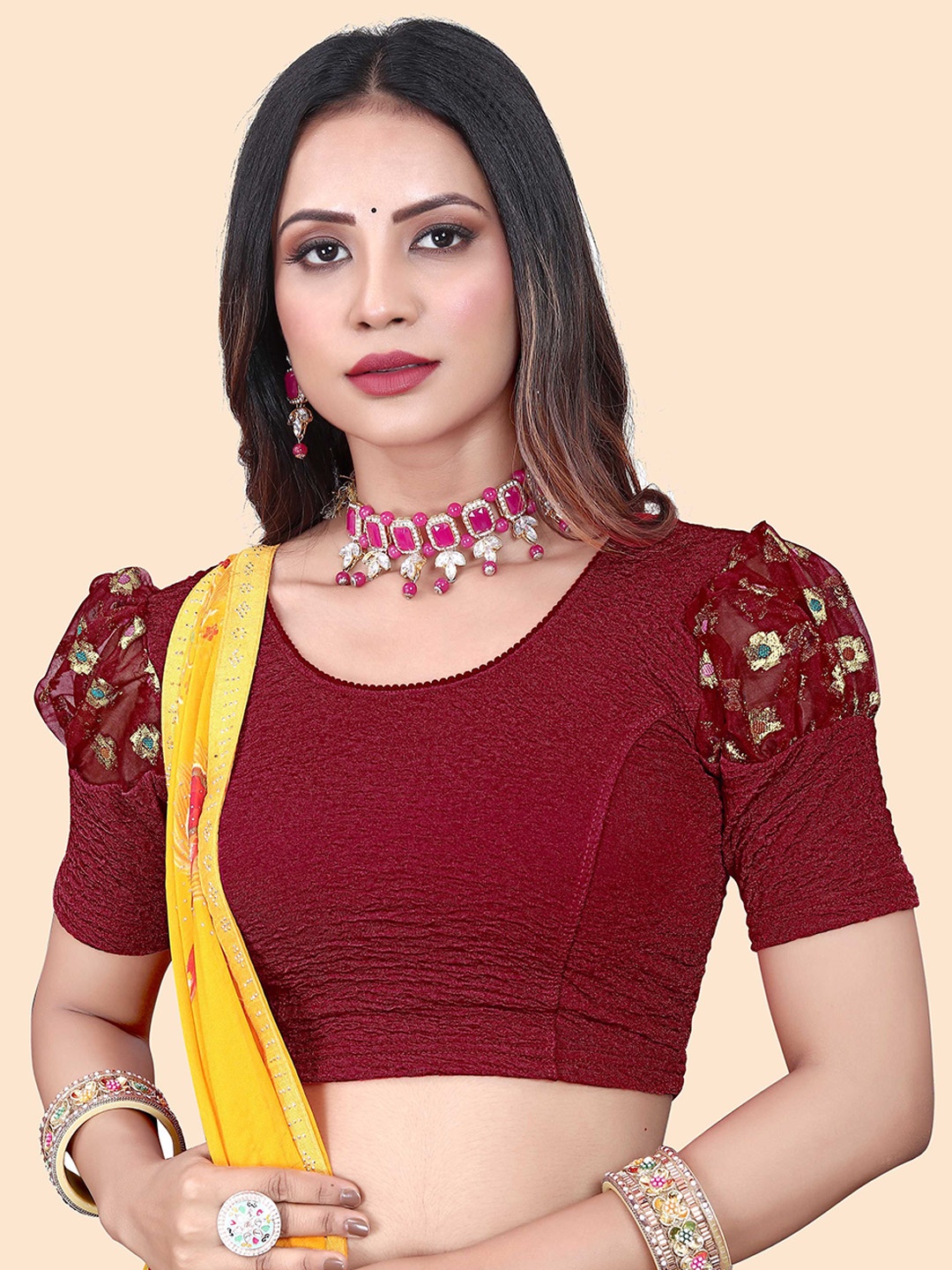 

SHREEJI DESIGNER Woven Design Stretchable Saree Blouse, Maroon