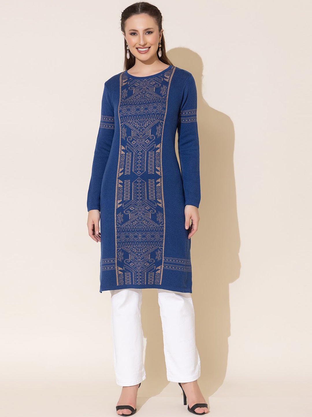 

Anouk Blue Geometric Woven Design Round Neck Jacquard Straight Kurta