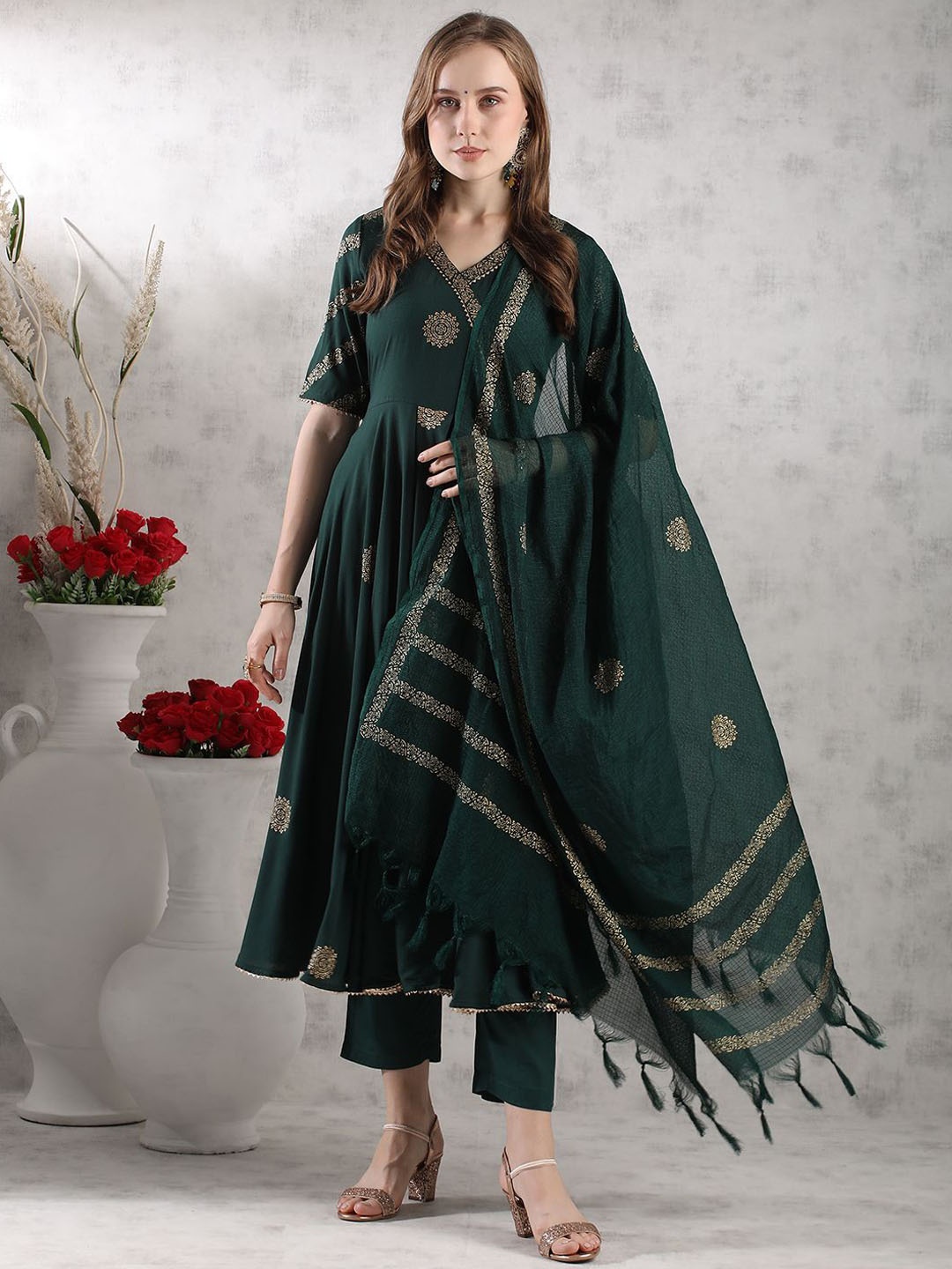 

KALINI Floral Printed V-Neck Zari Anarkali Kurta With Trousers & Dupatta, Green
