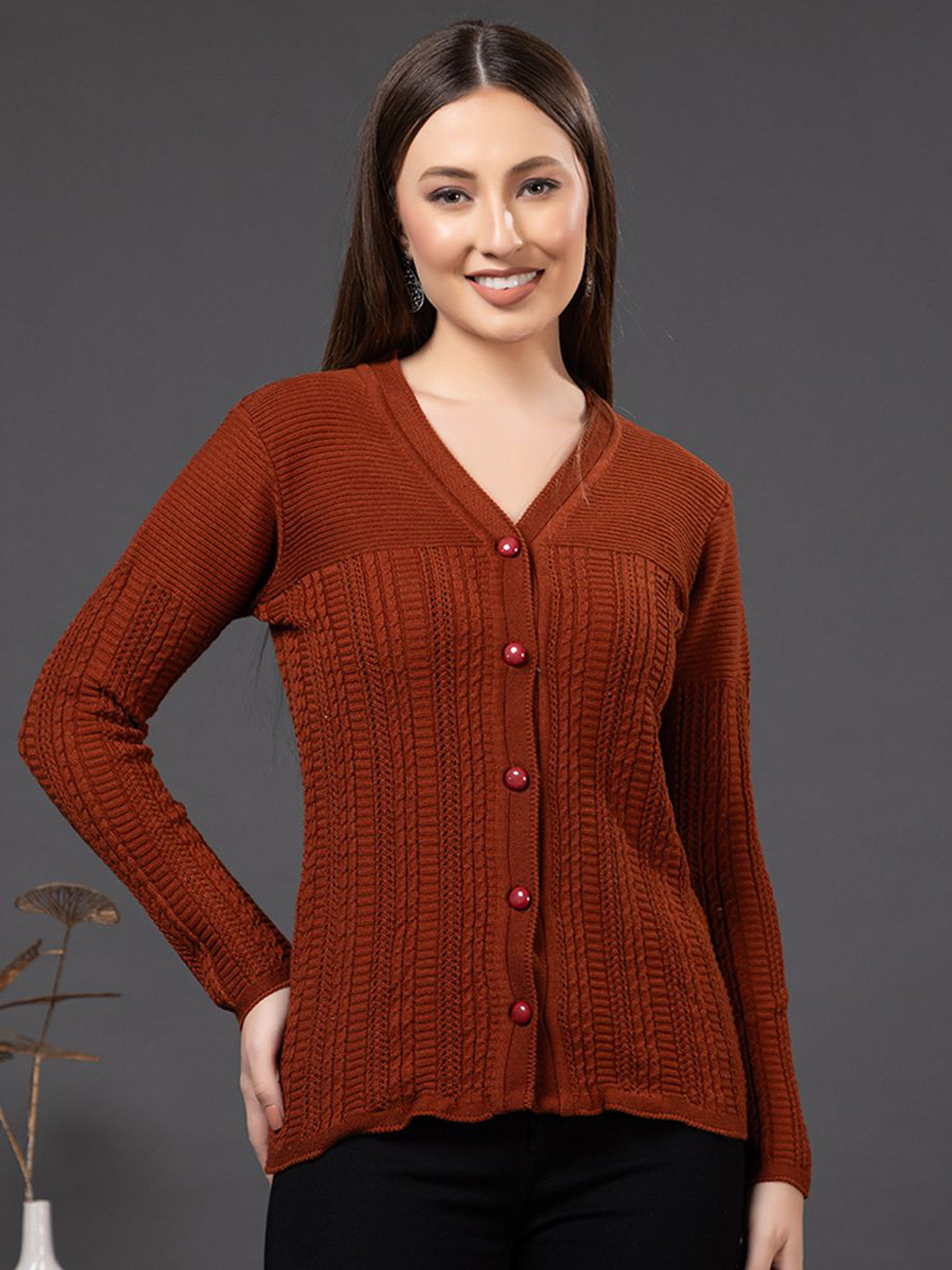 

Anouk Women Self Design Cardigan Sweater, Rust