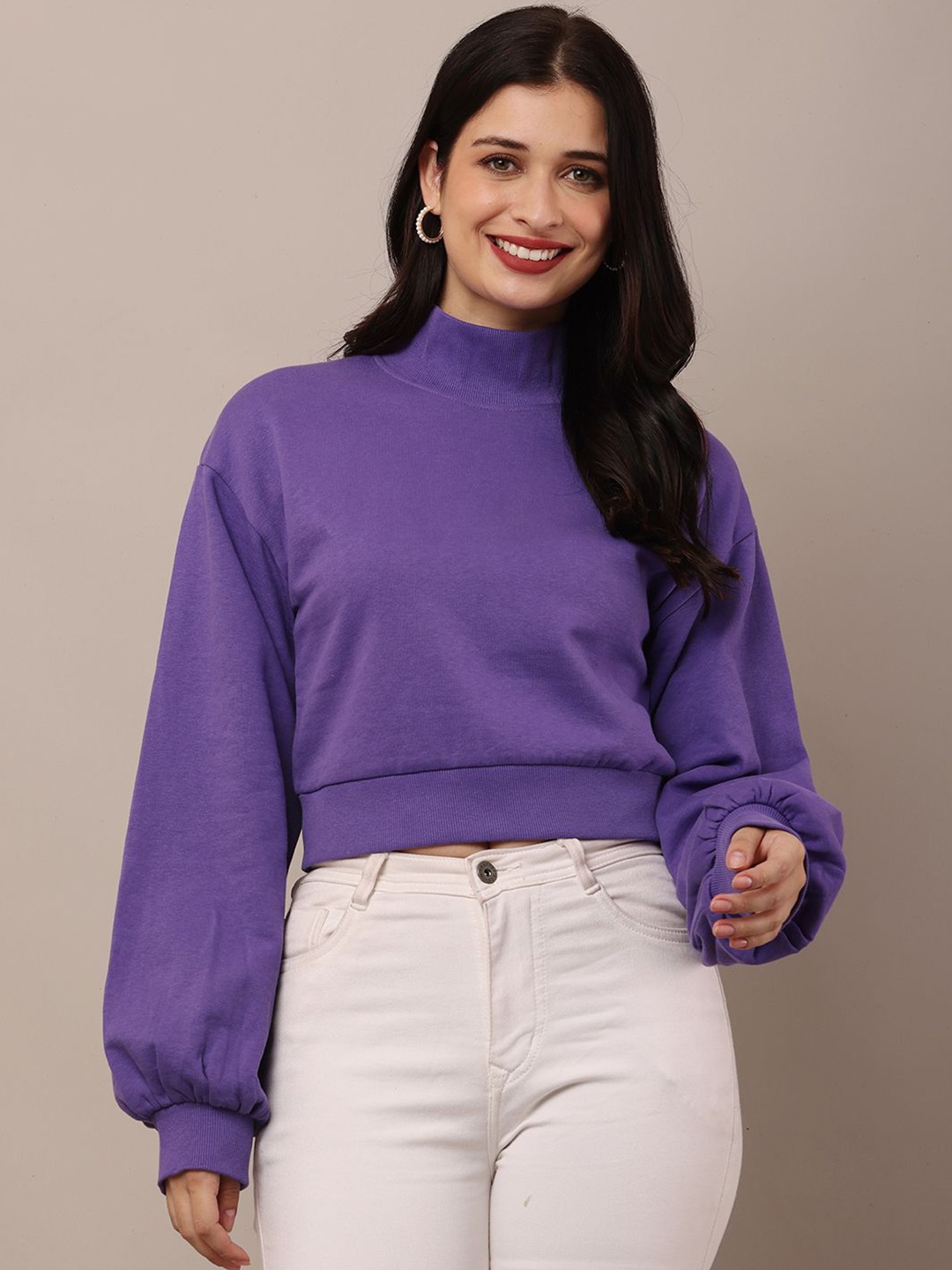 

NoBarr Women High Neck Cuffed Long Sleeves Sweatshirt, Purple