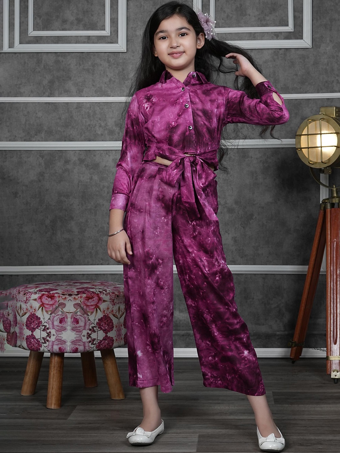 

RANJ Girls Dyed Knotted Shirt With Palazzos, Purple