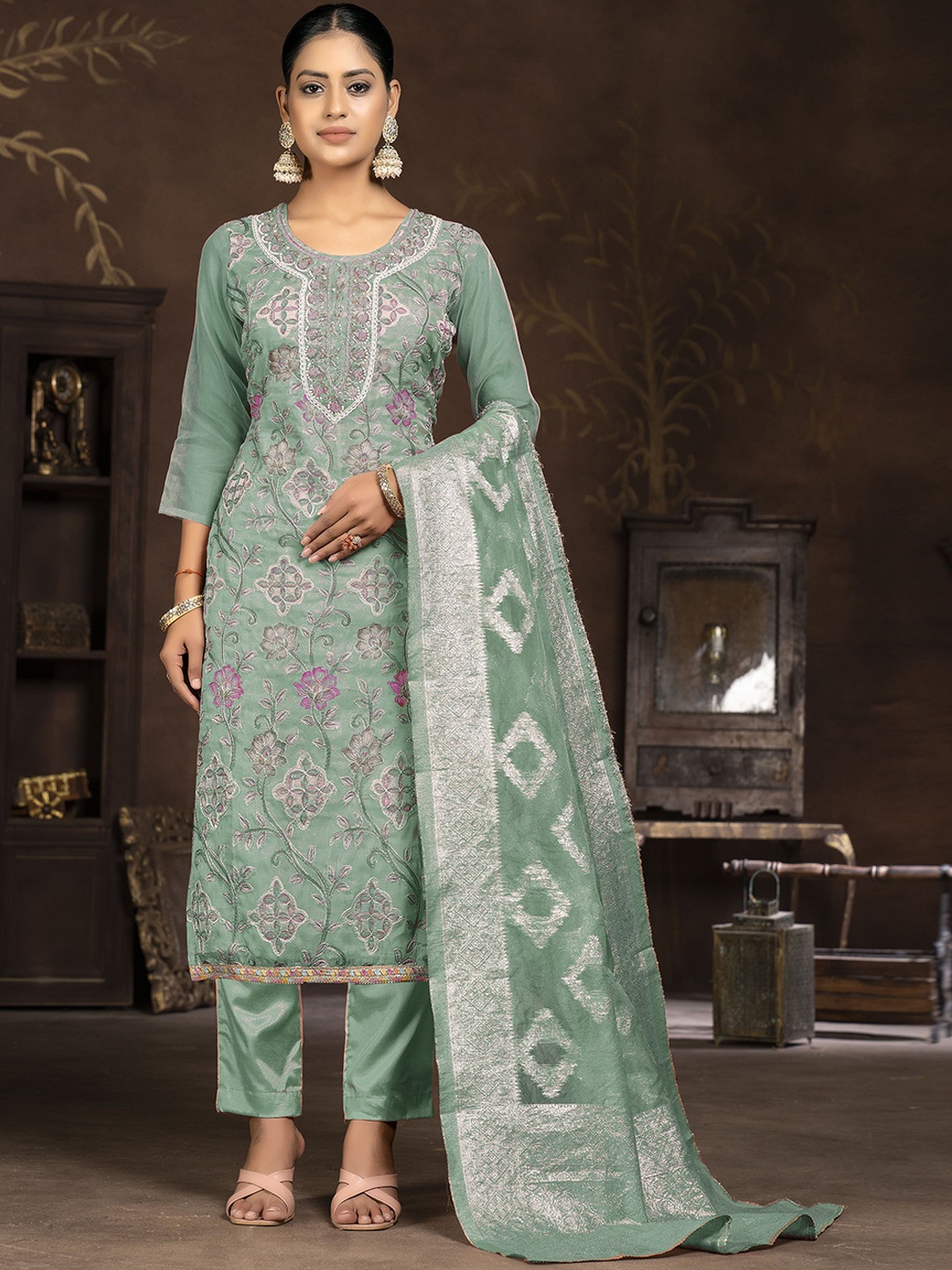 

Maroosh Ethnic Motifs Woven Design Organza Zari Unstitched Dress Material, Sea green