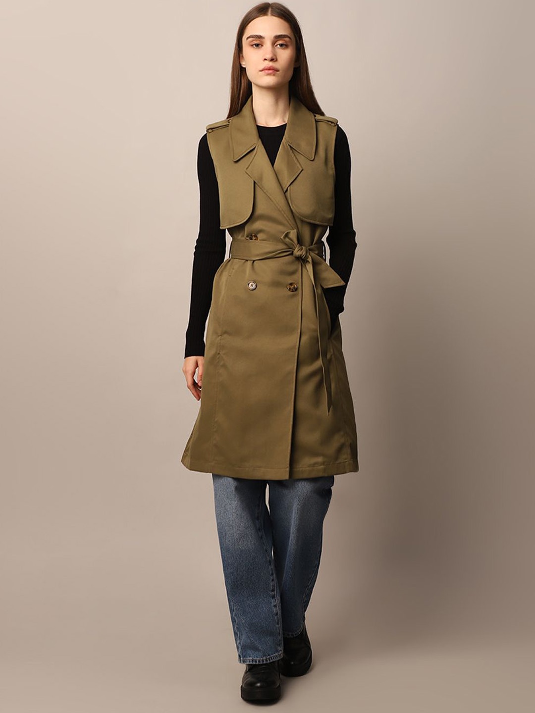 

ONLY Women Sleeveless Double-Breasted Knee Length Trench Coat, Olive