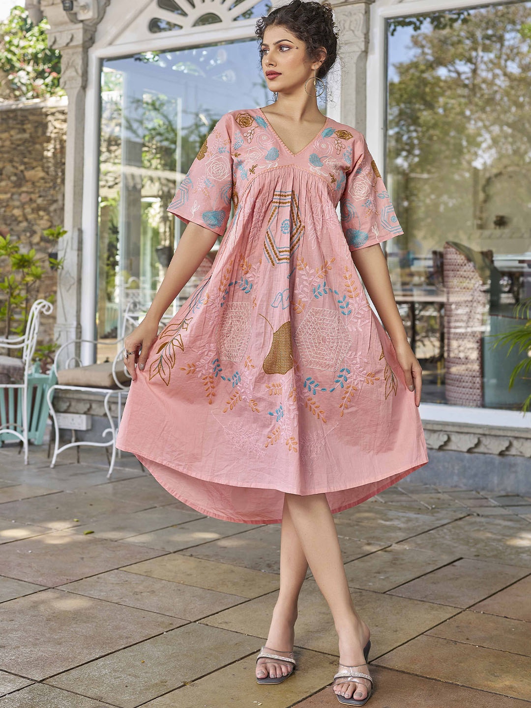 

Flossy Women Abstract Embroidered Cotton Fit & Flare Knee Length Dress, Pink