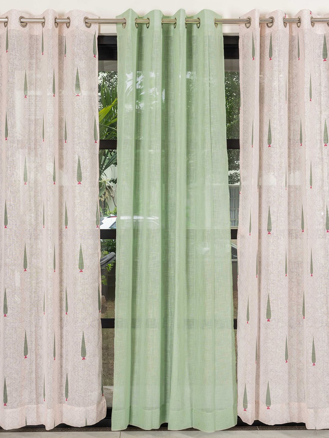 

URBAN SPACE Green & Cream-Coloured 3 Pieces Floral Sheer Long Door Curtain