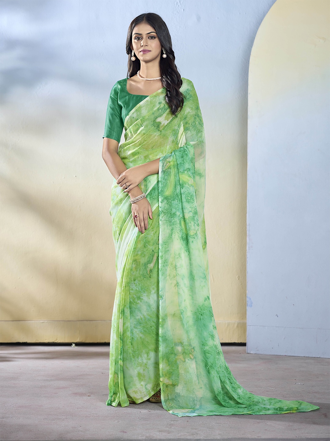 

House of Pataudi Printed Saree With Blouse Piece, Green