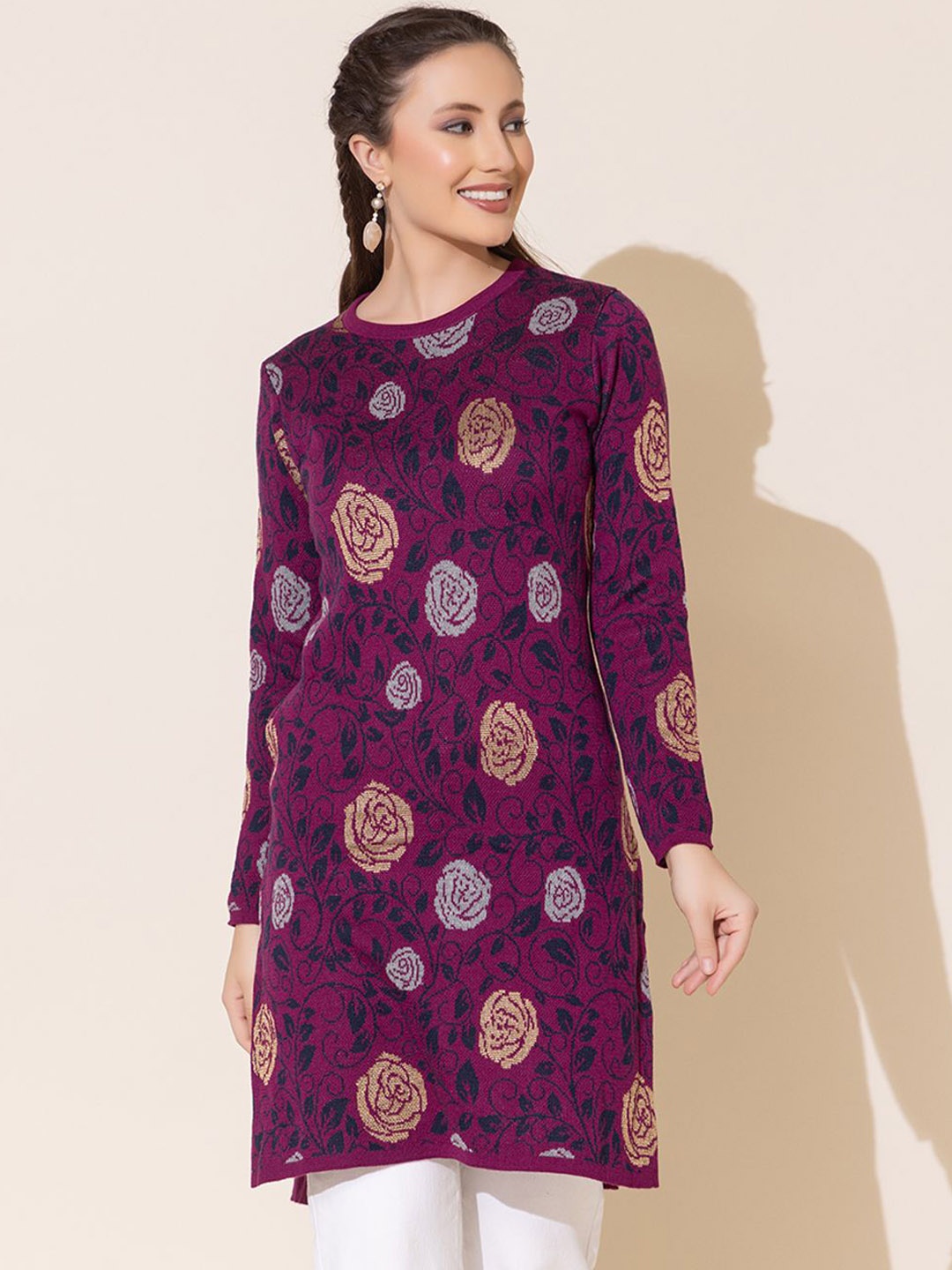 

Anouk Purple & Beige Floral Woven Design Round Neck Jacquard Straight Kurta