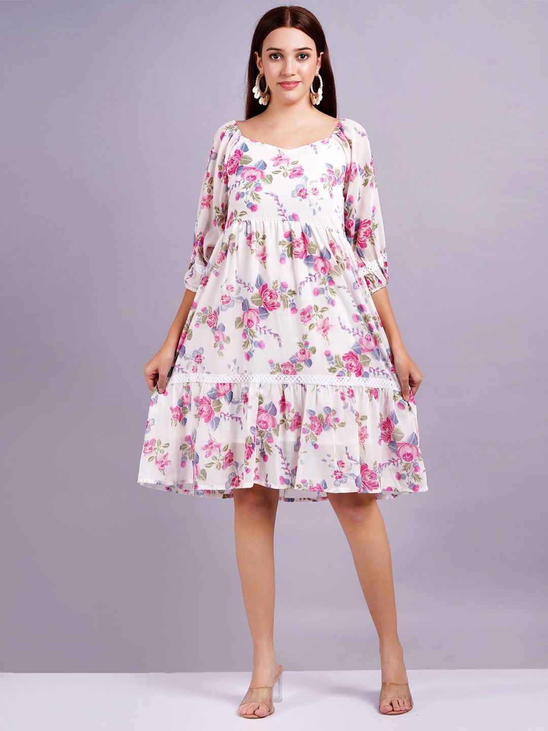 

JC4U Women Floral Printed Puff Sleeves Fit & Flare Knee Length Dress, Pink