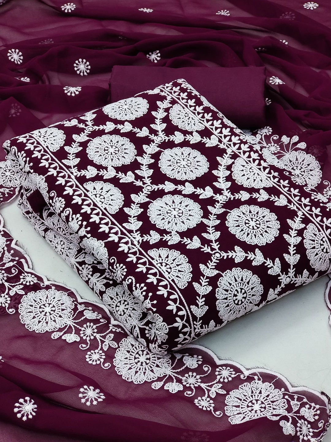 

Sidhidata Floral Embroidered Thread Work Unstitched Dress Material, Burgundy