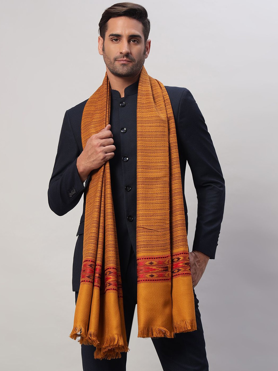 

HANDICRAFT PALACE Woven Design Woollen Shawl, Mustard