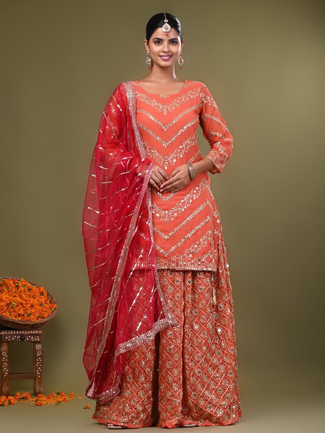 

Futra Gabha Sequinned Semi-Stitched Lehenga & Unstitched Choli With Dupatta, Orange