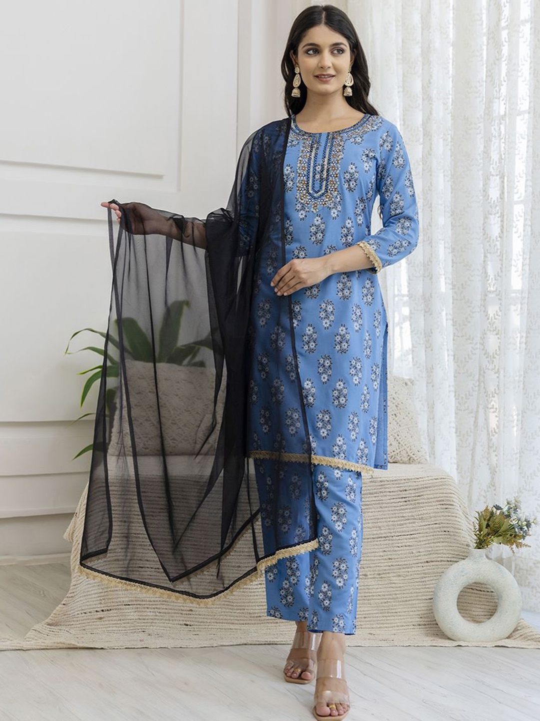 

Nocika Floral Printed Sequined Straight Kurta With Trousers & Dupatta, Blue