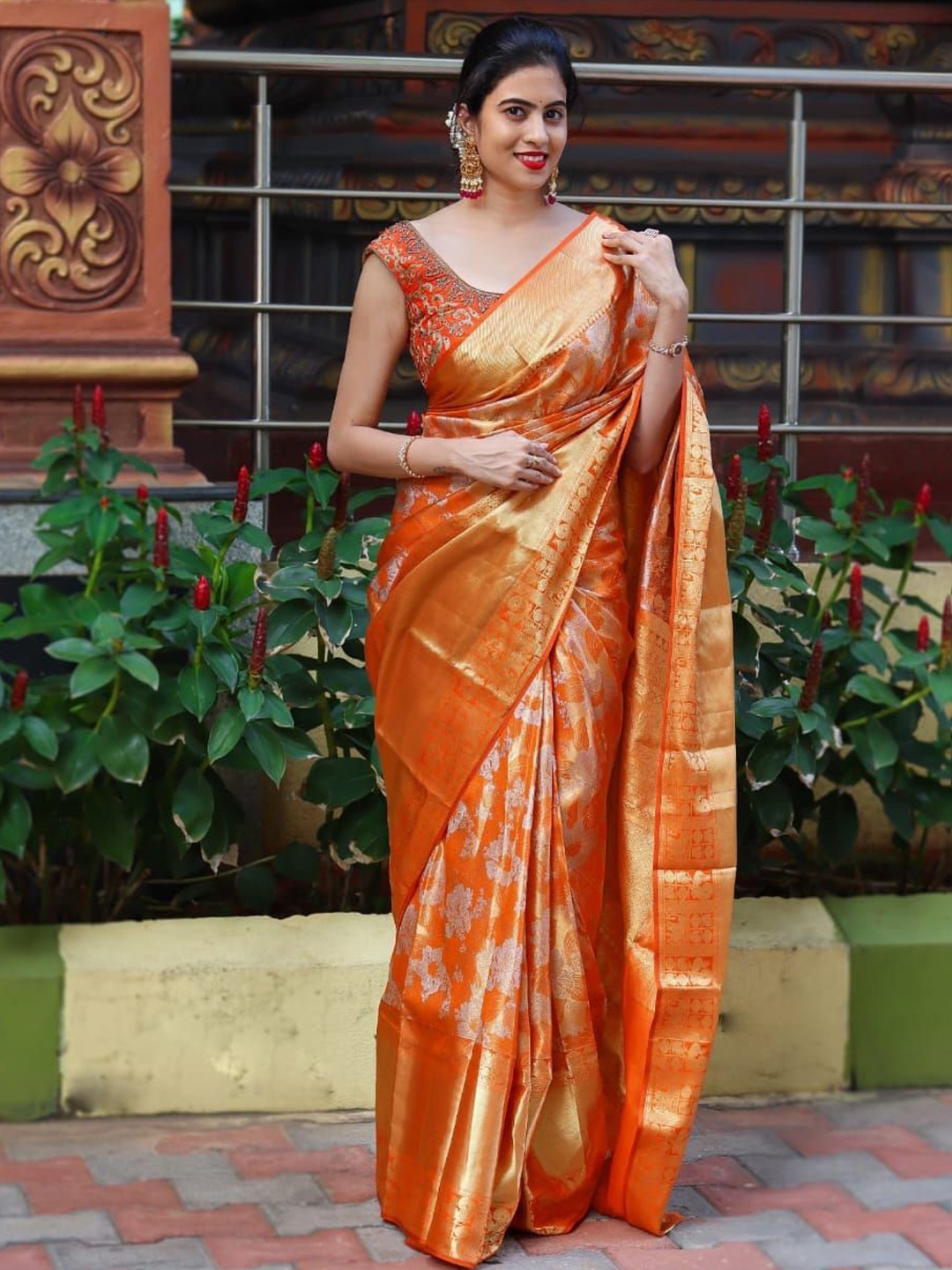 

KALINI Floral Zari Pure Silk Kanjeevaram Saree, Orange