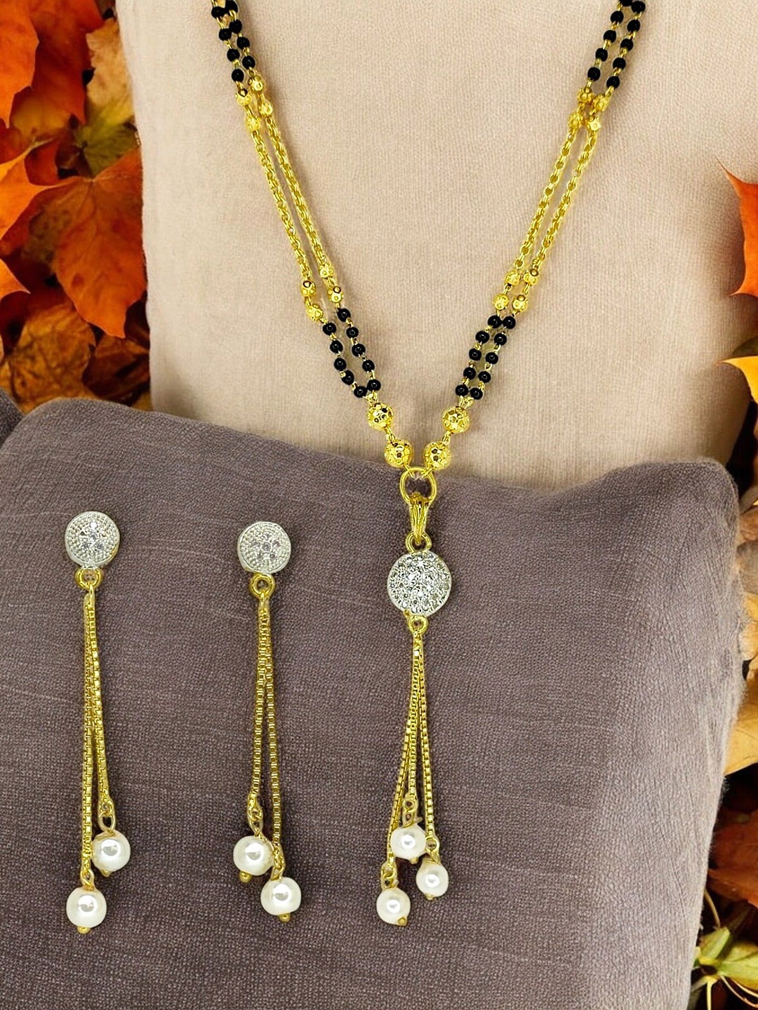 

9blings Gold-Plated Beaded Mangalsutra With Earring