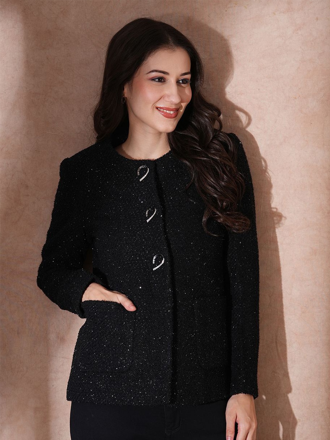 

Globus Women Round Neck Shimmer Self Design Single-Breasted Overcoat, Black
