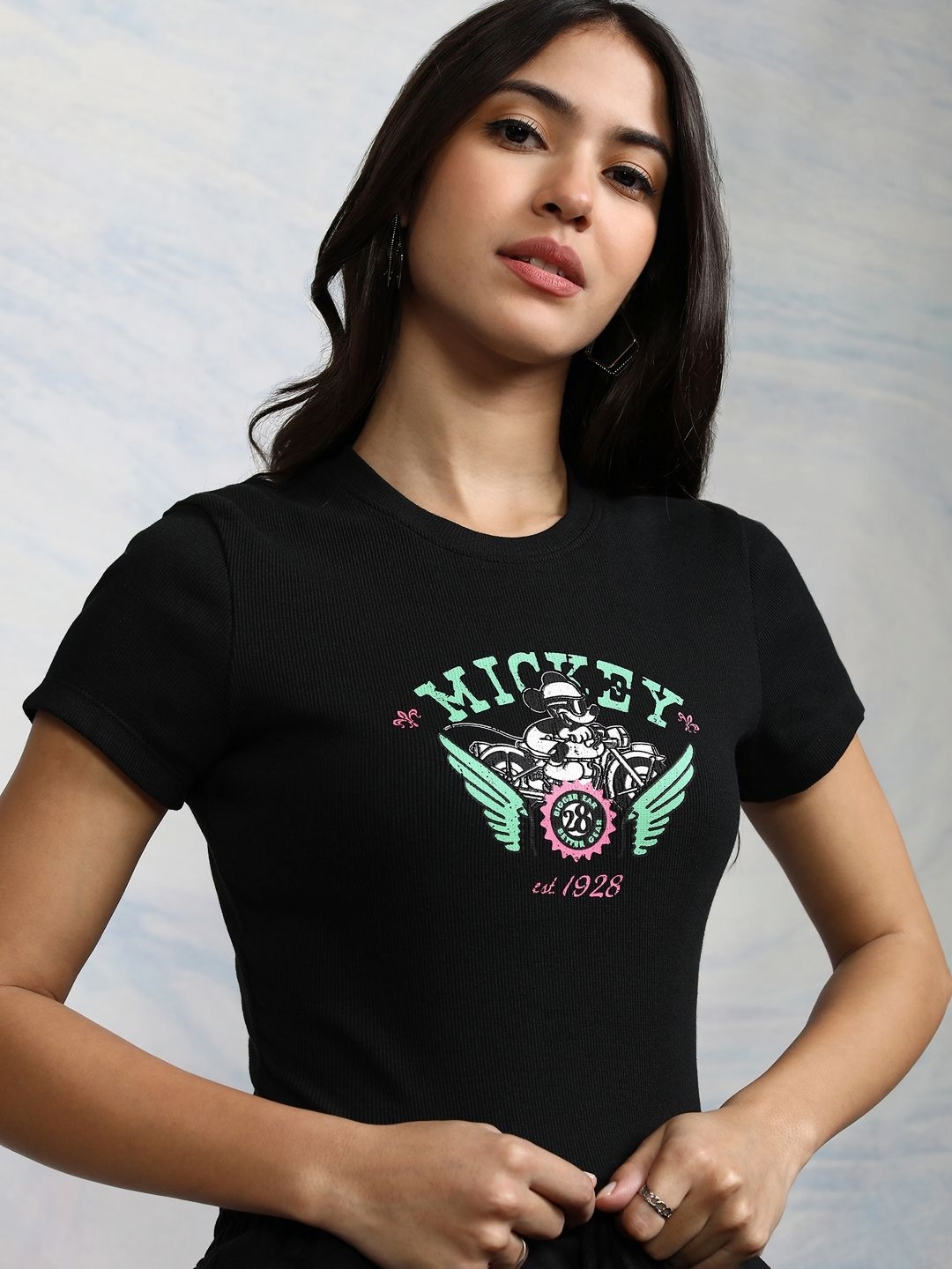 

Tokyo Talkies Disney Women Mickey Mouse Printed Cropped Rib Tshirt, Black