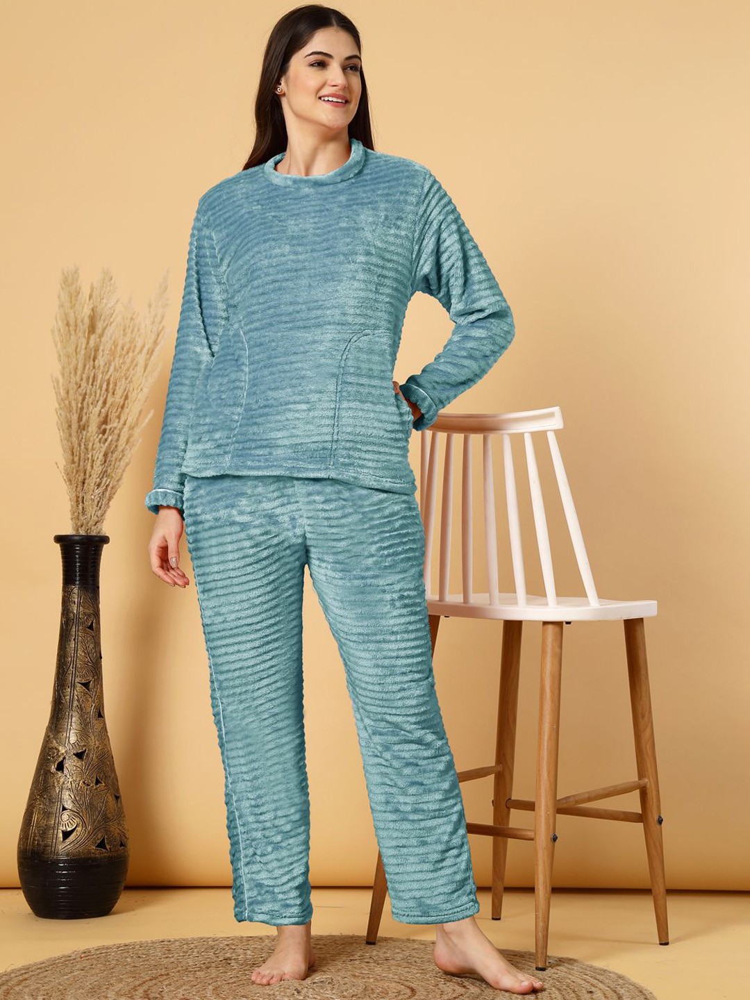 

FABINALIV Striped Round Neck Winter Night Suit with 2 Side Pockets, Blue