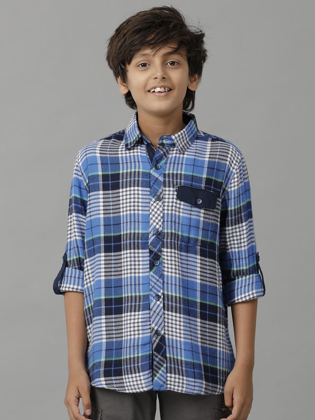 

UNDER FOURTEEN ONLY Boys Tartan Checks Opaque Checked Casual Shirt, Blue