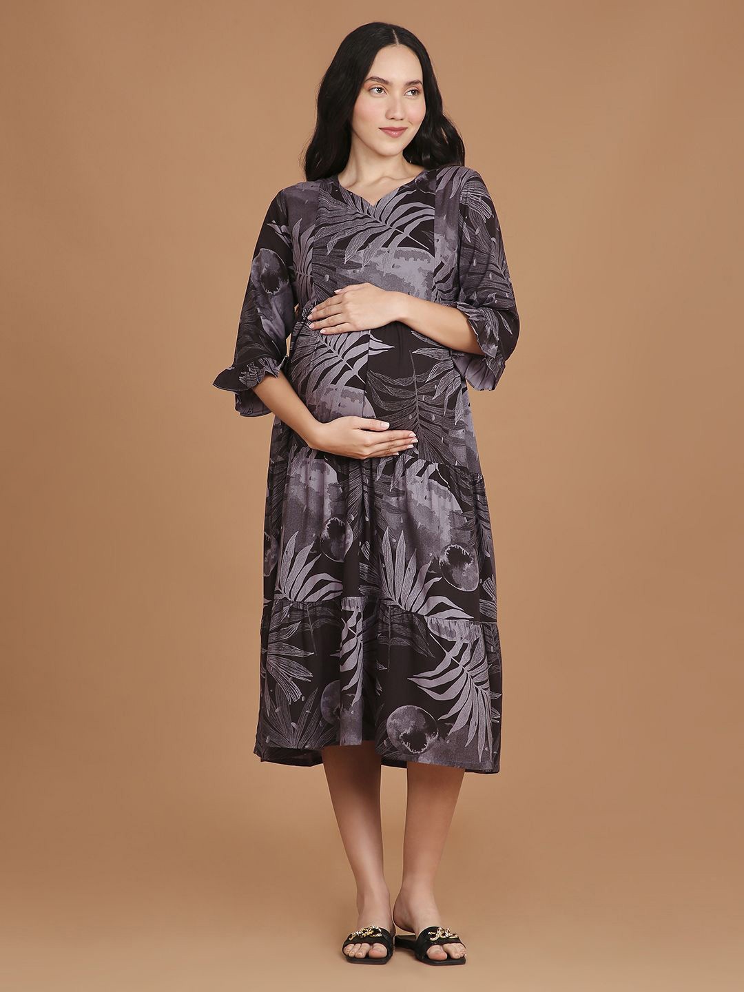 

NIGHTSPREE Women Floral Printed Maternity Fit & Flare Midi Dress, Violet