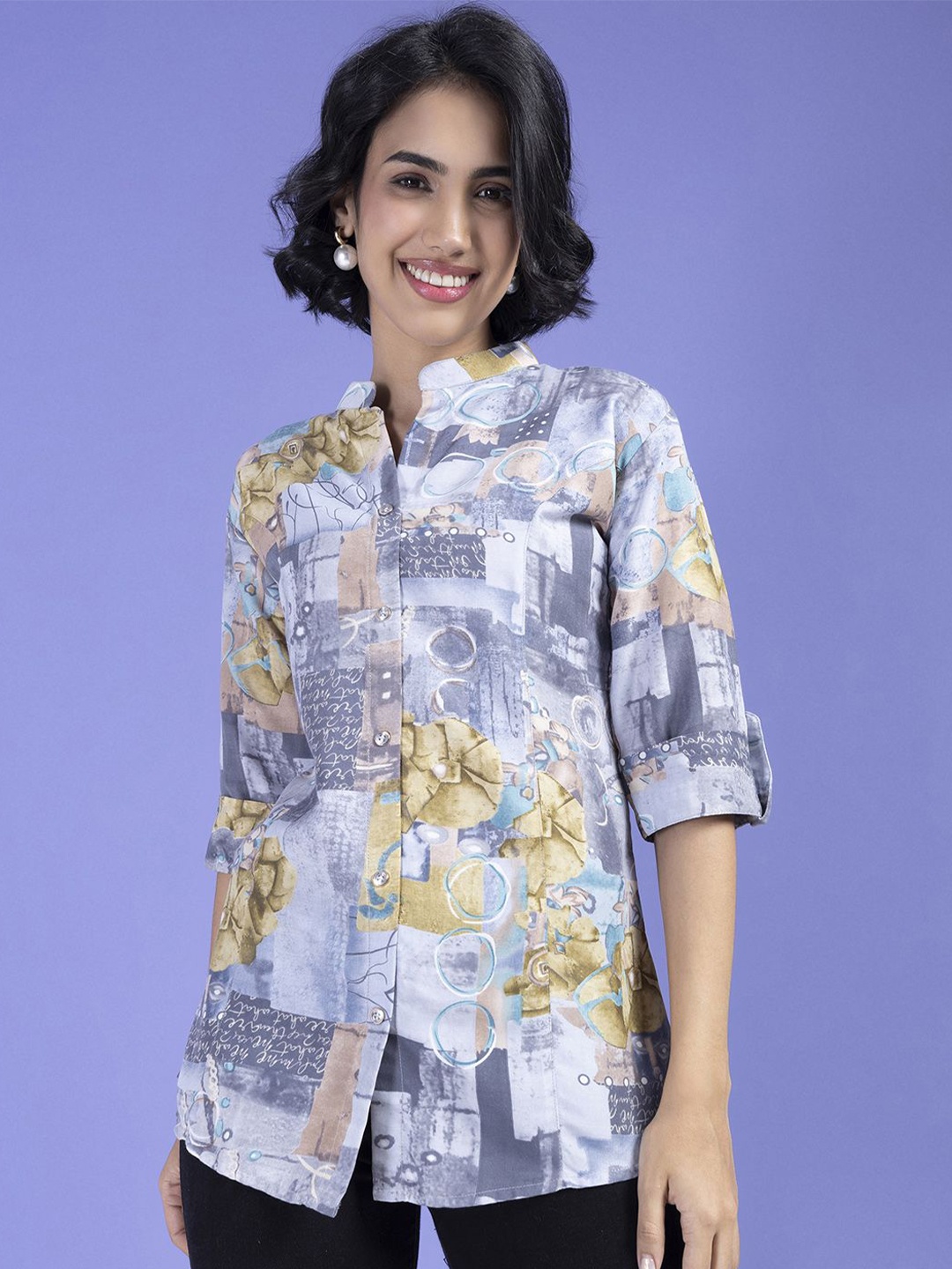 

KALINI Women Classic Mandarin Collar Floral Printed Cotton Casual Shirt, Grey