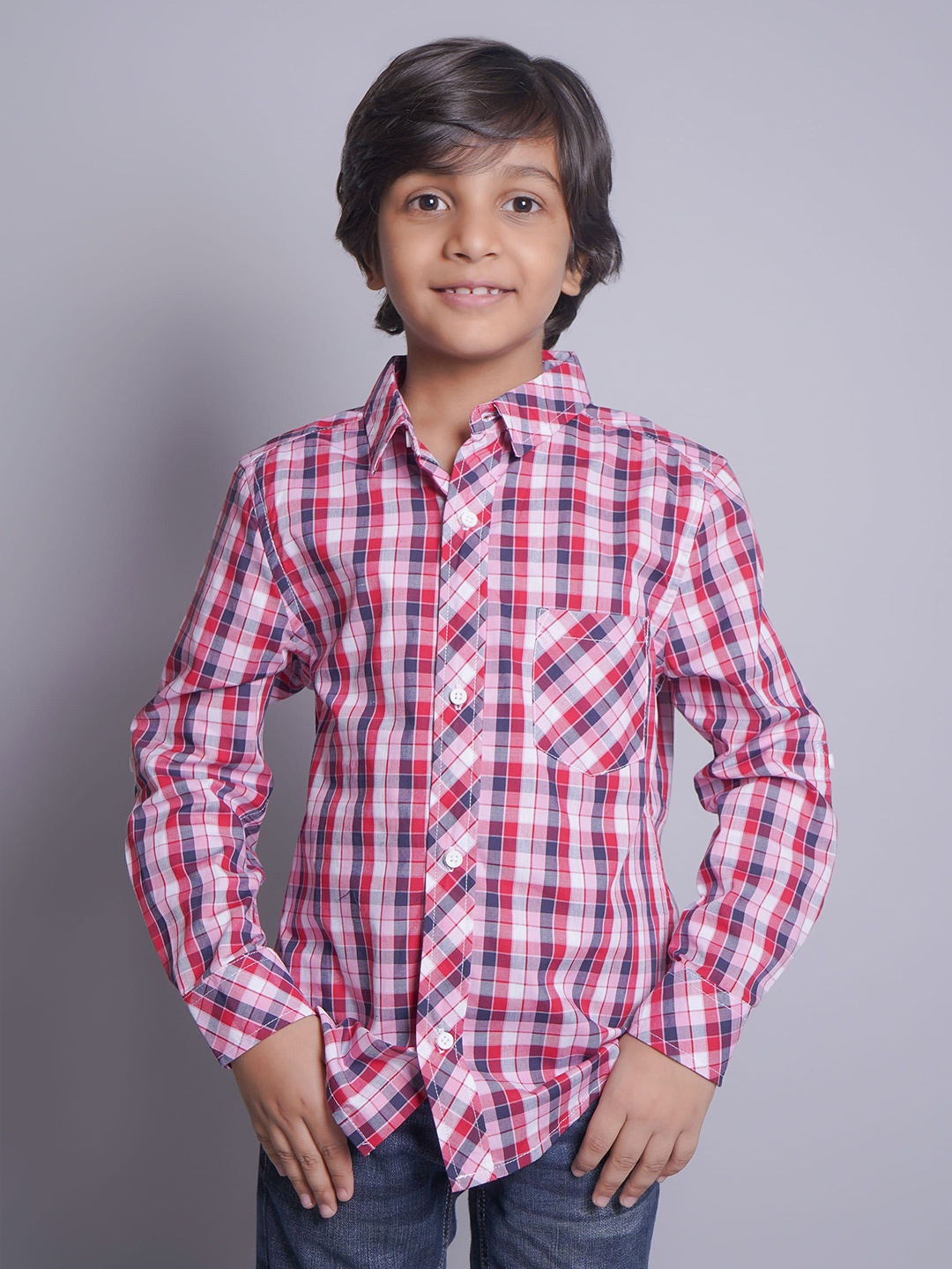 

Biglilpeople Boys Standard Spread Collar Tartan Checked Cotton Casual Shirt, Pink