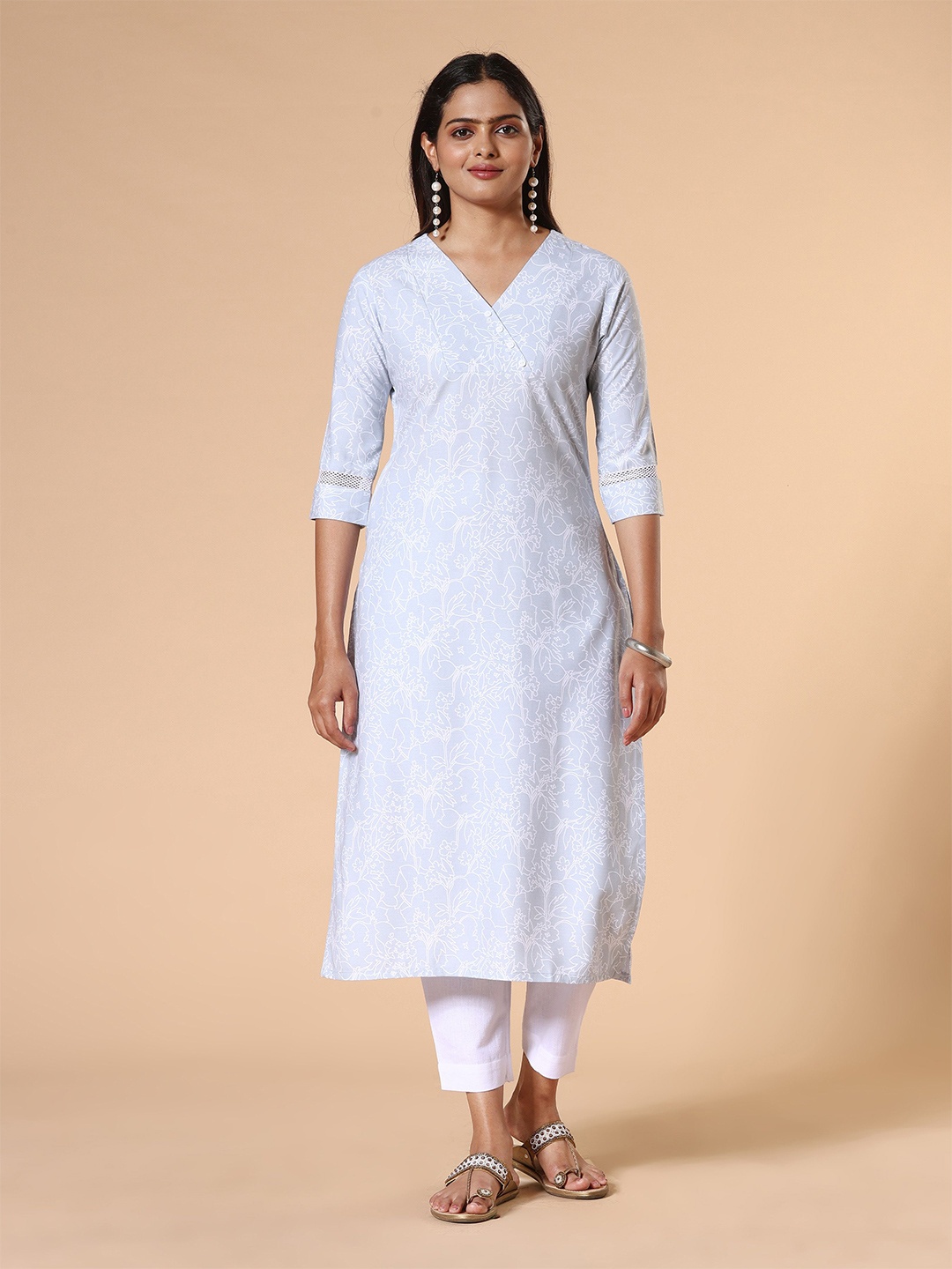 

Vismay Floral Printed V-Neck Three-Quarter Sleeves Regular Modal Straight Kurta, Grey