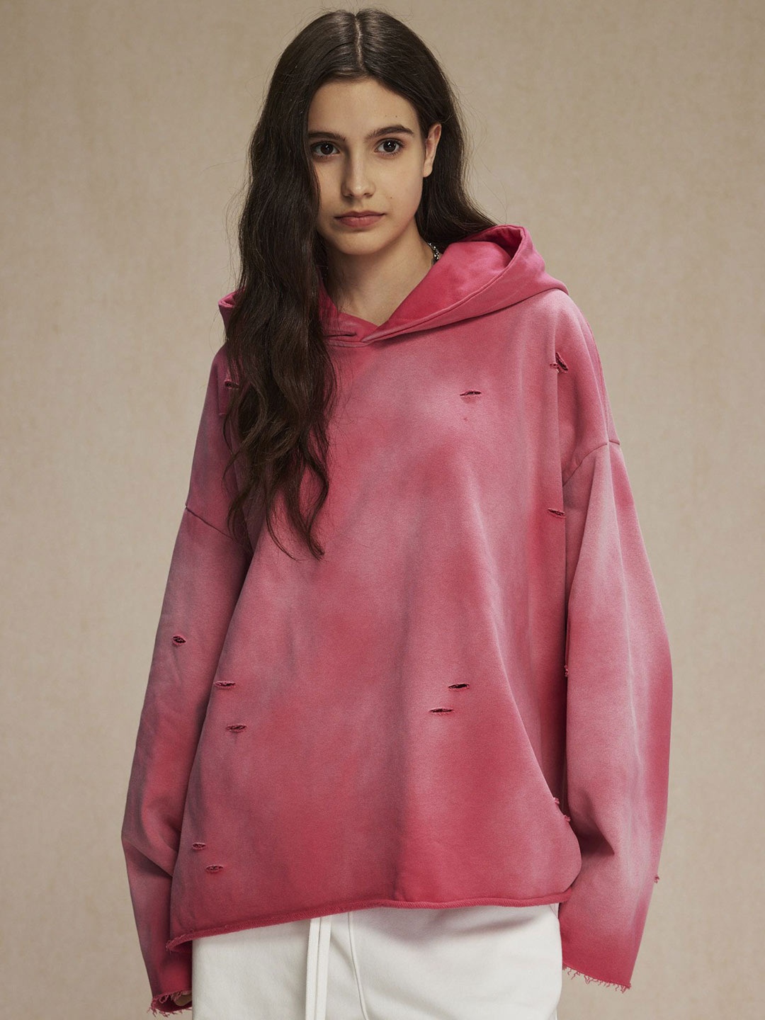 

SUPERVINTAGE Unisex Distressed Hooded Sweatshirt, Pink