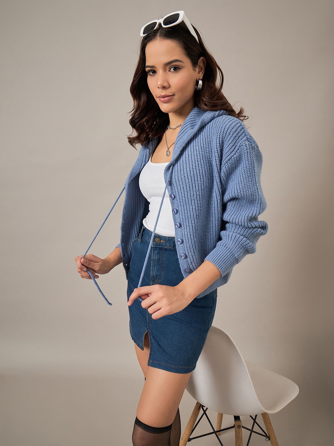 

The Roadster Lifestyle Co Women Self-Designed Hooded Cardigan Sweater, Blue