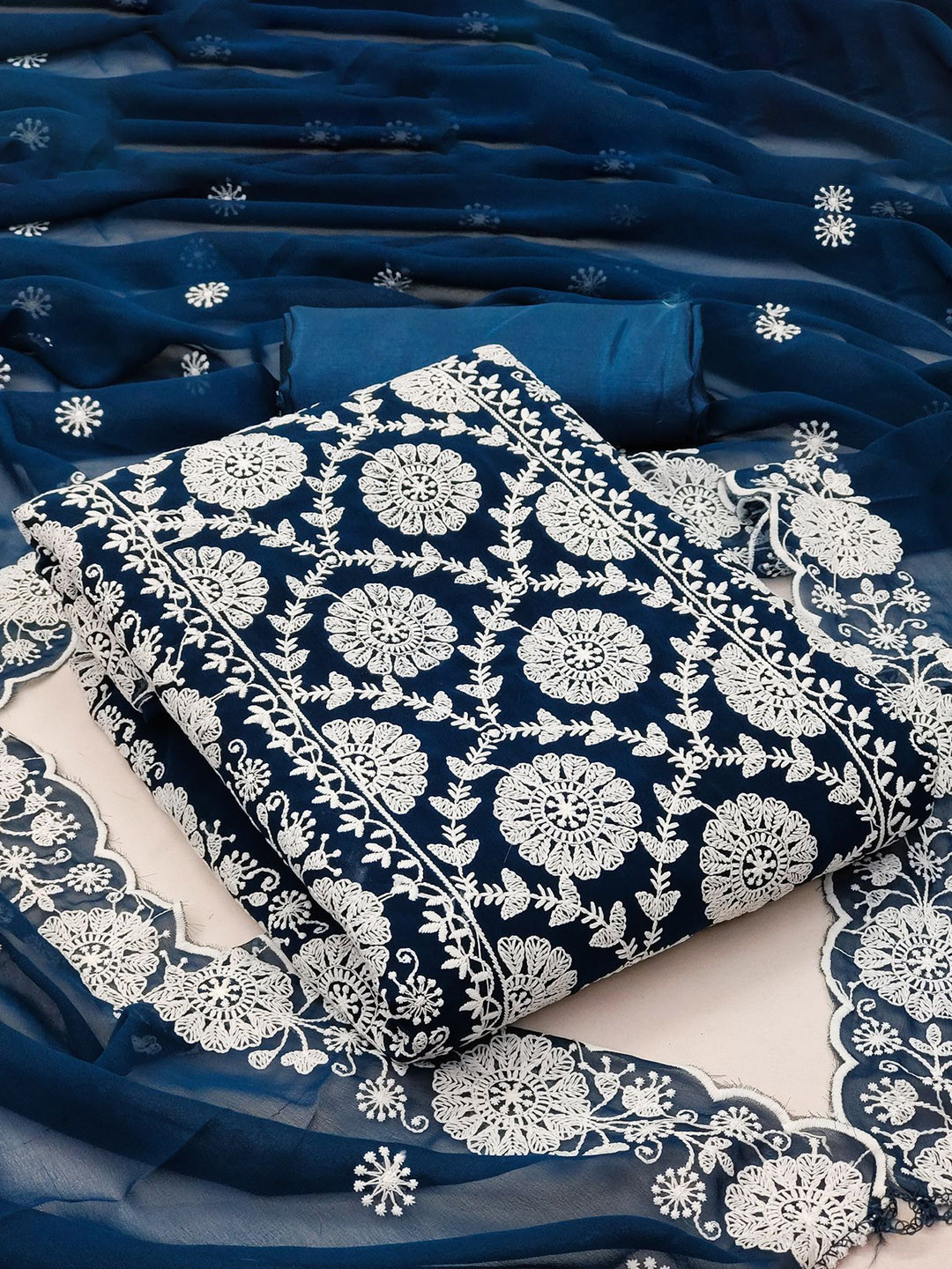 

Sidhidata Floral Embroidered Thread Work Unstitched Dress Material, Blue
