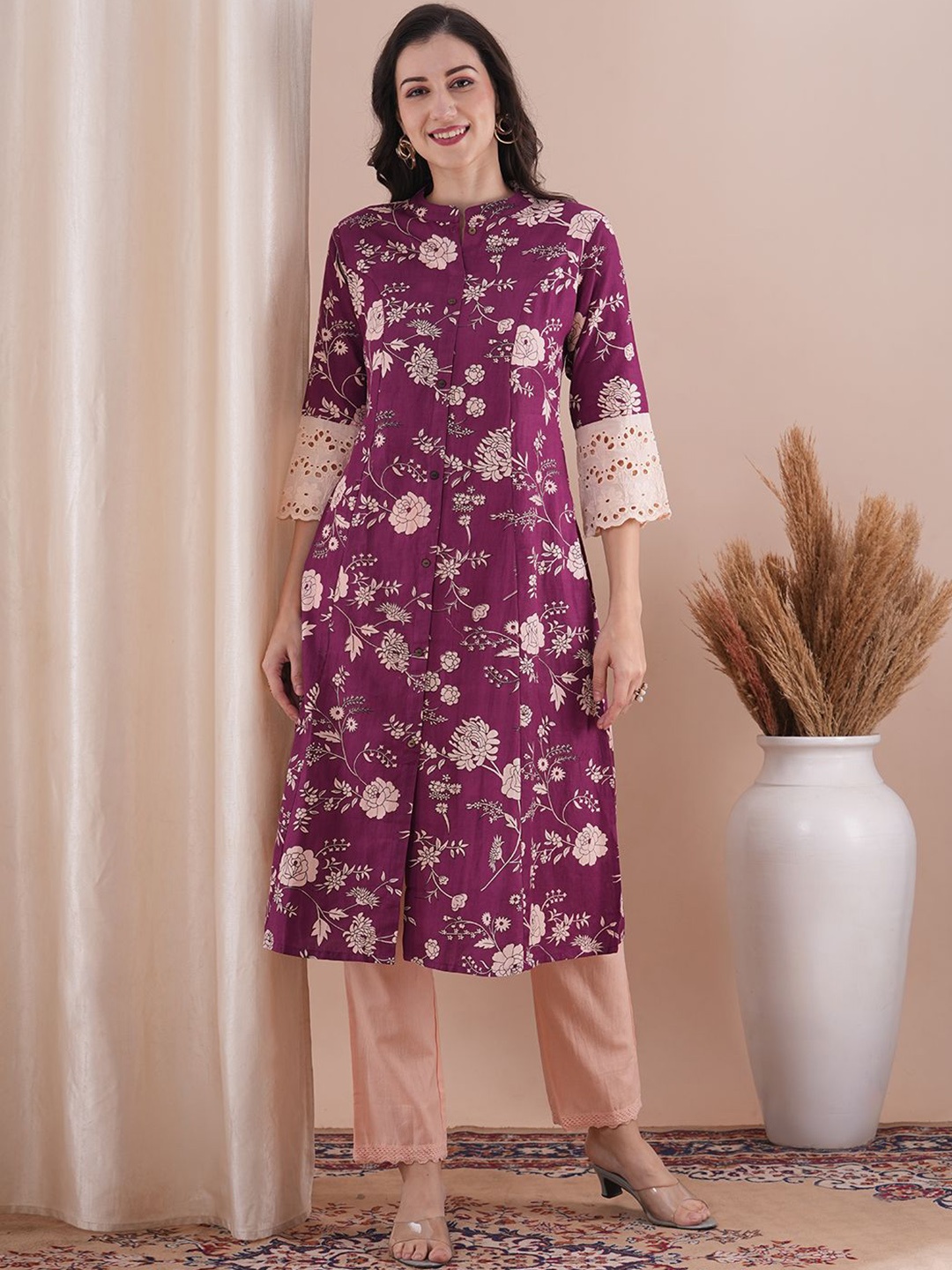 

FASHOR Floral Printed Panelled Pure Cotton Kurta With Trousers, Purple