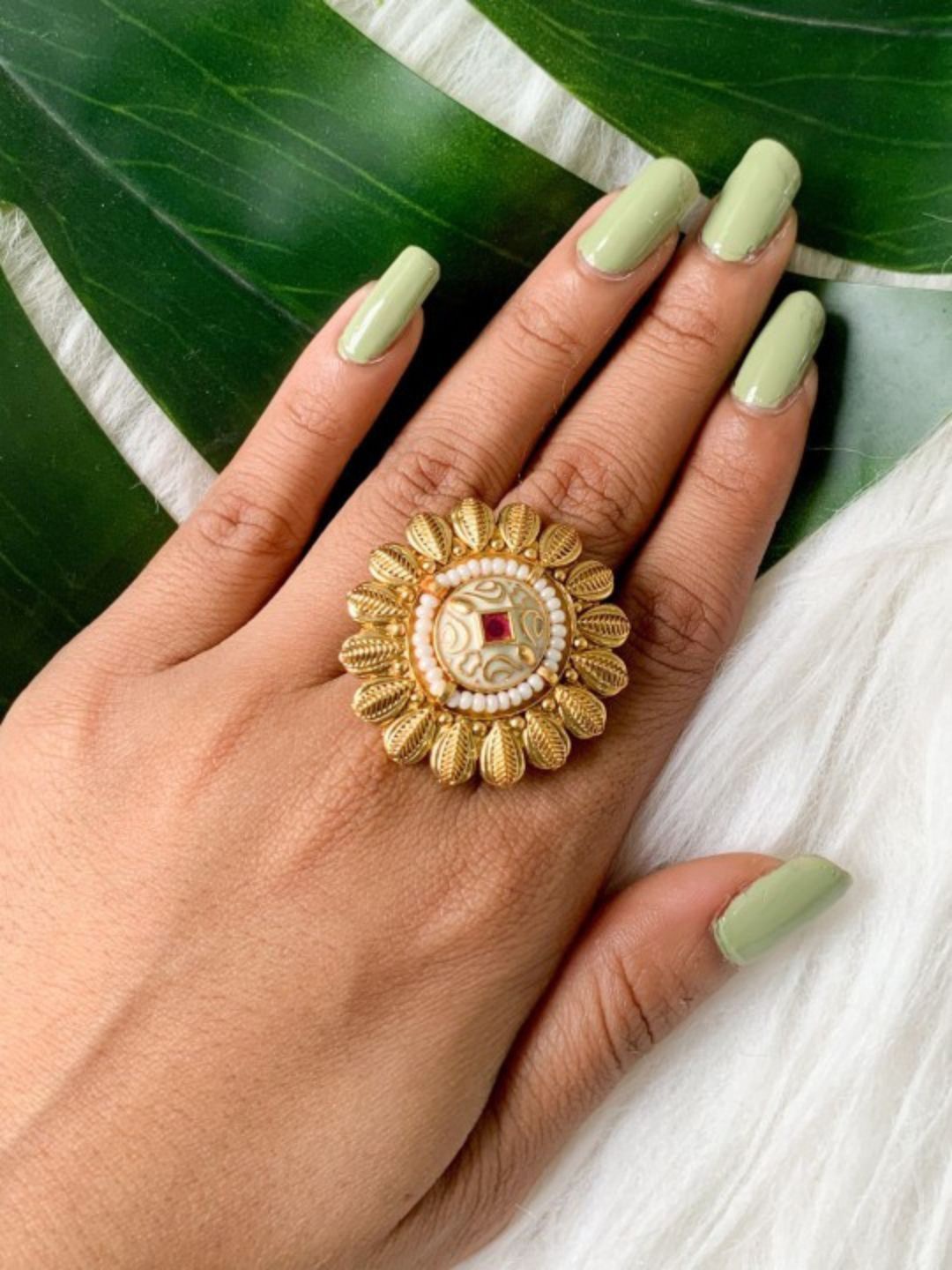 

I Jewels Gold-Plated Stone Studded & Beaded Adjustable Finger Ring