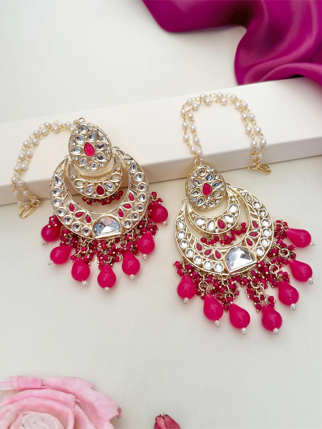 

ABDESIGNS Gold-Plated Meenakari Kundan Studded And Beaded Drop Earrings