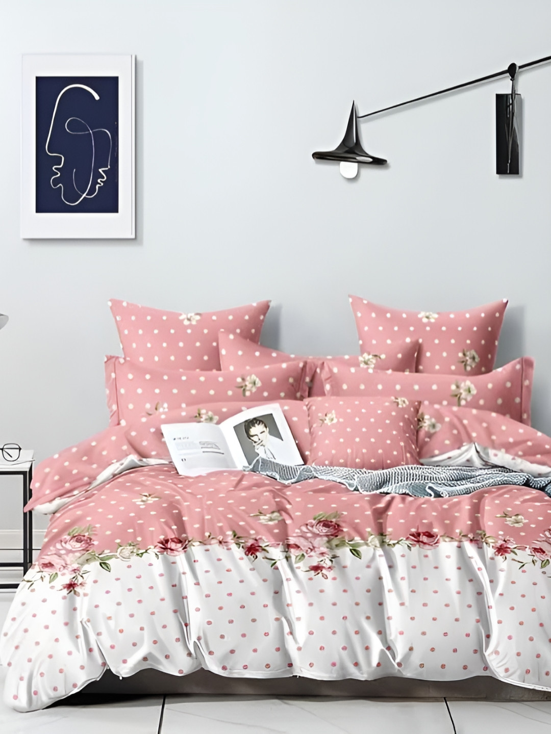 

MORADO White & Pink Printed Cotton Double Bed Duvet Cover