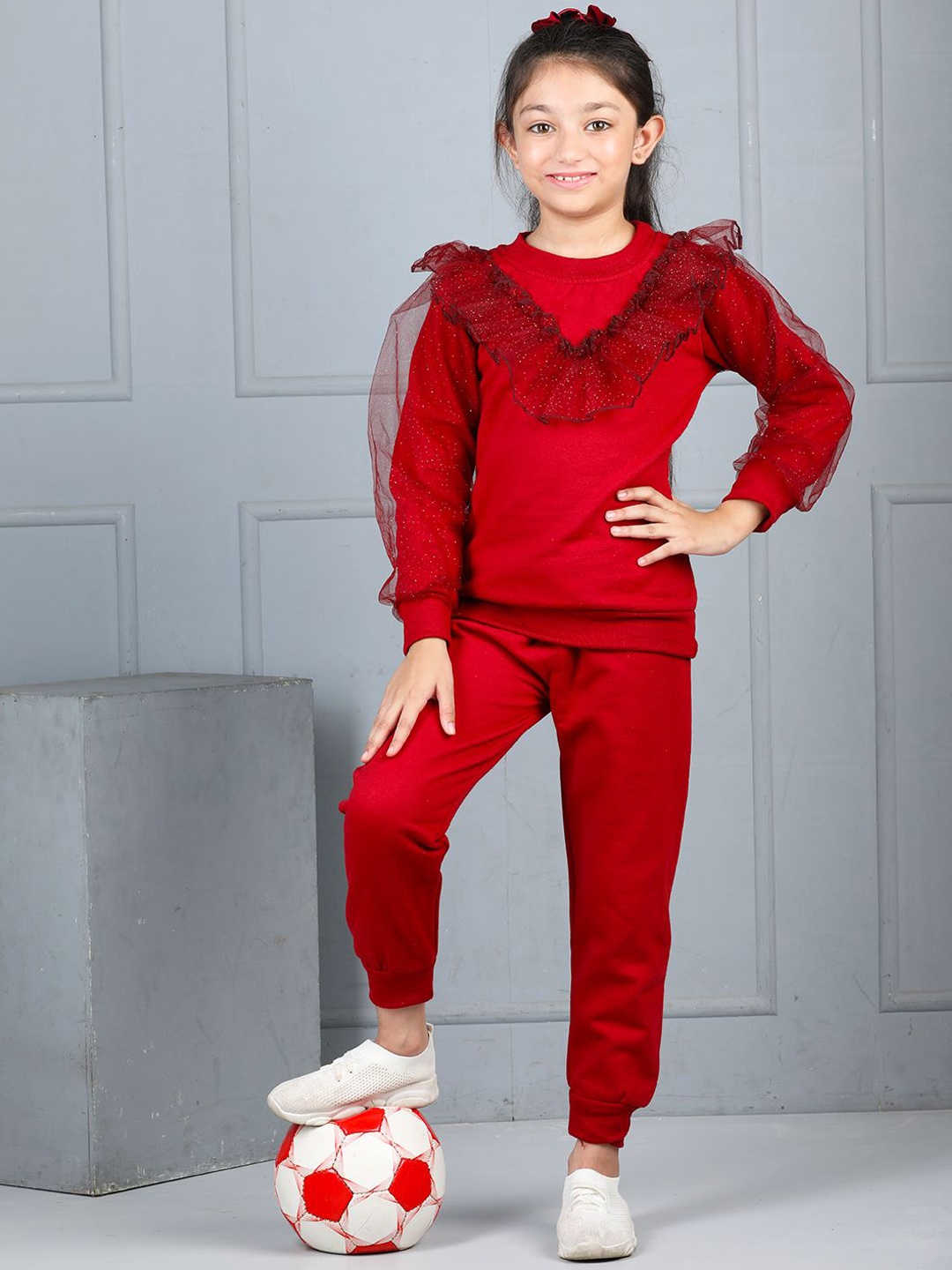 

Cutiekins Self- Design Girls Solid Embellished Ruffle Clothing Set, Red