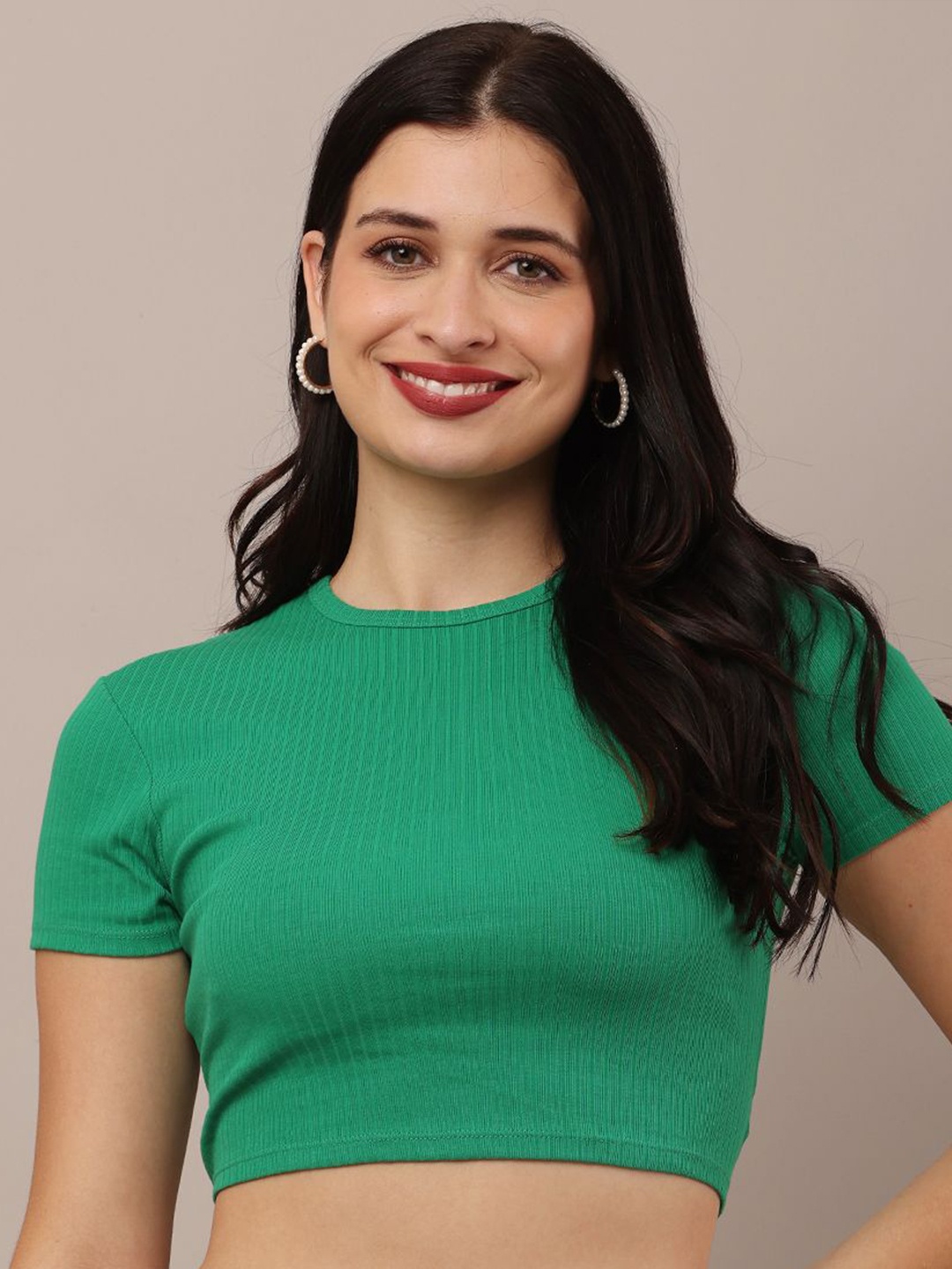 

NoBarr Women Round Neck Cotton Crop Top, Green