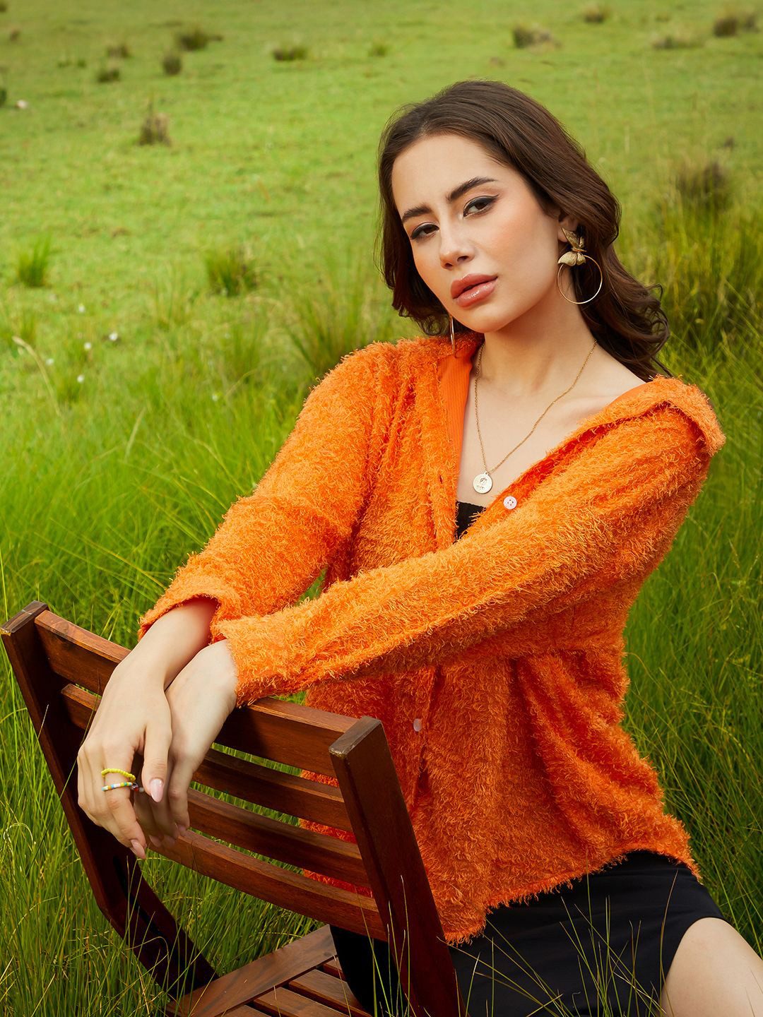 

Campus Sutra Women Comfort Spread Collar Textured Oversized Casual Shirt, Orange