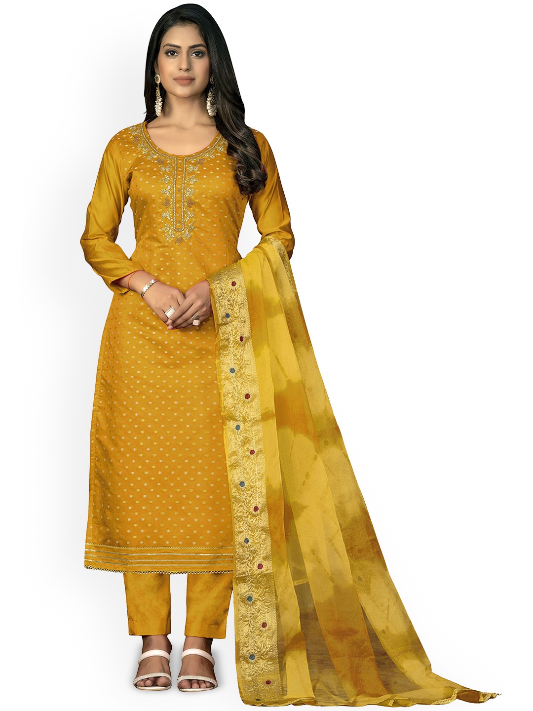 

Maroosh Floral Embroidered Unstitched Dress Material, Mustard